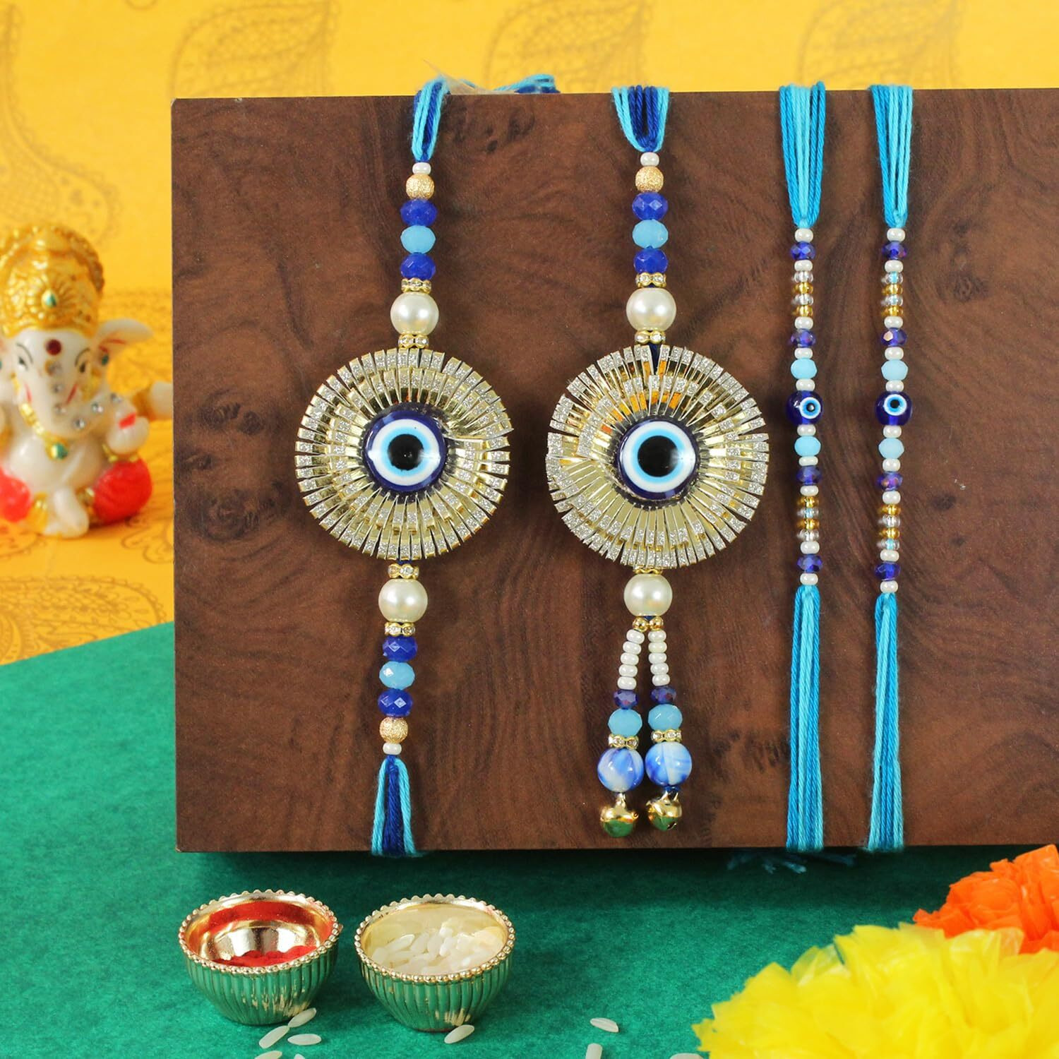 TIED RIBBONS Rakhi Gift for Brother Bhabhi and Kid with Chocolate Hamper - Set of 4 Premium Family Rakhi for Bhaiya Bhabhi Kids Brother with Chocolate Box Card & Roli Chawal