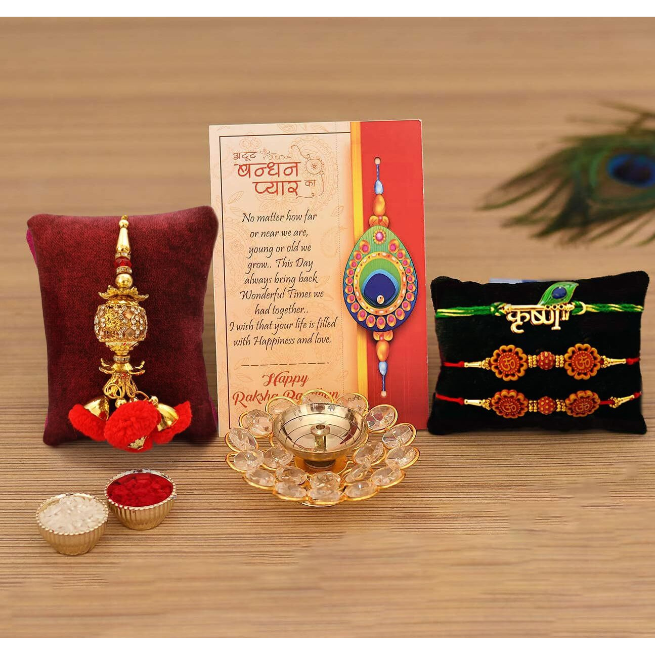 Rakhi Gift Combo for Brother, Brass Crystal Diya Oil Lamp with 4 Rakhi Gift Set - Rakhi for Bhaiya Bhabhi - Raksha Bandhan Card/Lumba Rakhi/Krishna Rakhi/Om Rudraksh Rakhi