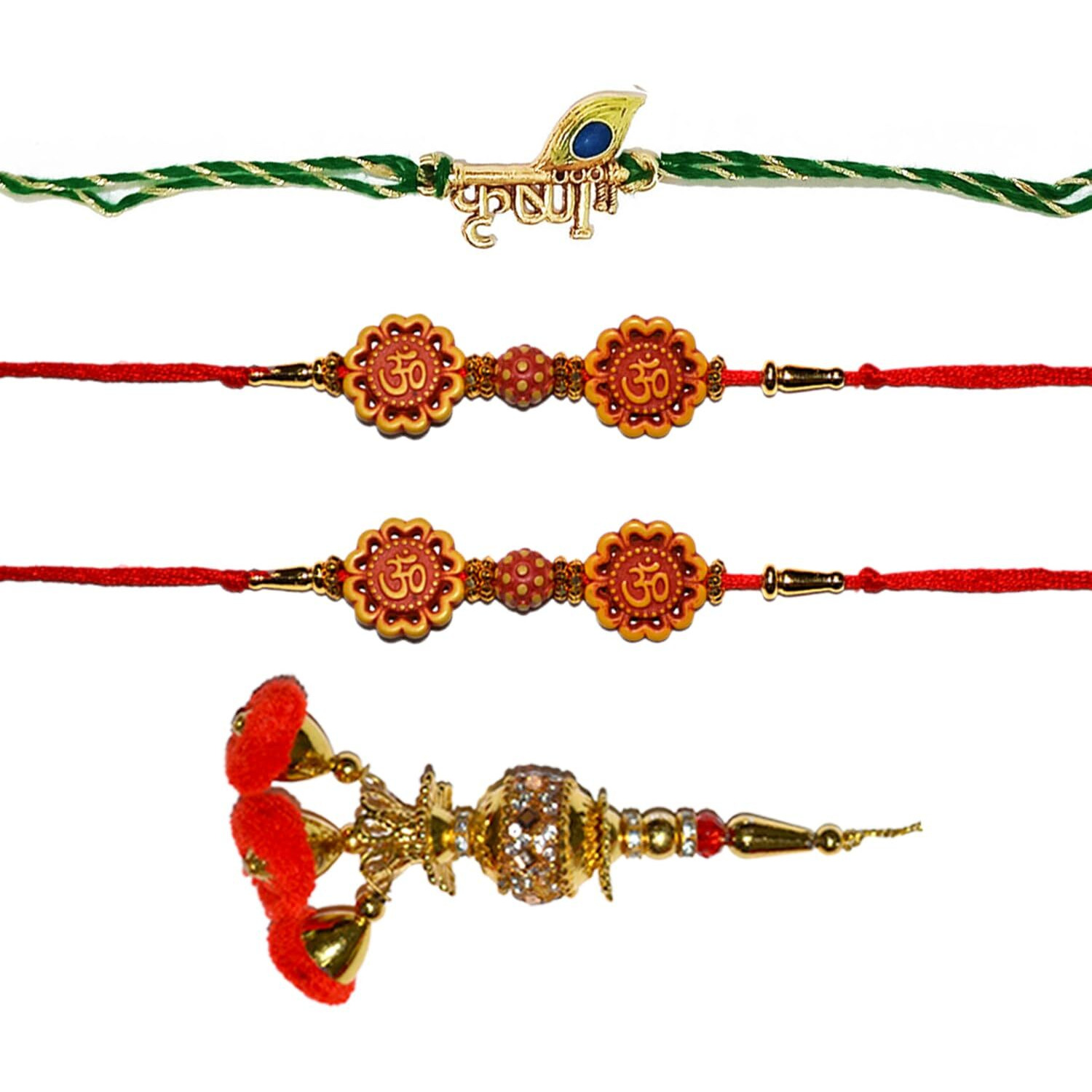 Rakhi Gift Combo for Brother, Brass Crystal Diya Oil Lamp with 4 Rakhi Gift Set - Rakhi for Bhaiya Bhabhi - Raksha Bandhan Card/Lumba Rakhi/Krishna Rakhi/Om Rudraksh Rakhi