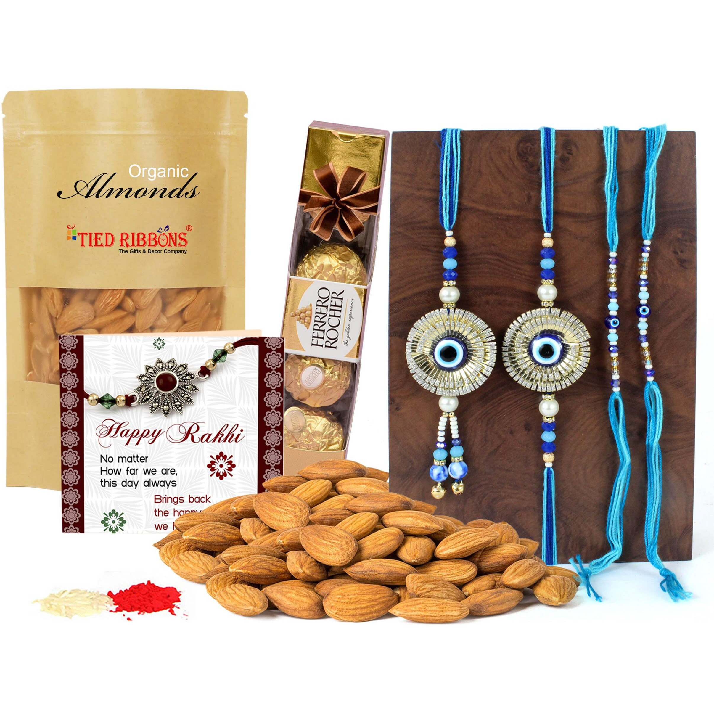 TIED RIBBONS Rakhi for Brother and Bhabhi Kids with Chocolate and Dry Fruit Gift Hamper - Evil Eye Family Rakhi Set of 4 with Ferrero Rocher Chocolates Almonds and Card - Rakhi Gift for Bhaiya Bhabhi