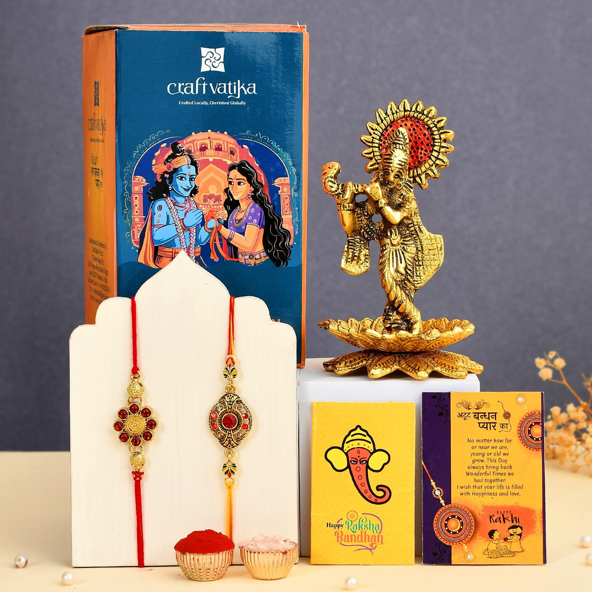 Collectible India Rakhi Idol Gift for Brother Boy with Gift Combo - Rakshabandhan Gifts for Men Boys Bhaiya - Krishna Idol Statue for Home Decor, Home Decoration Items (M2- Set of 2 Rakhi)