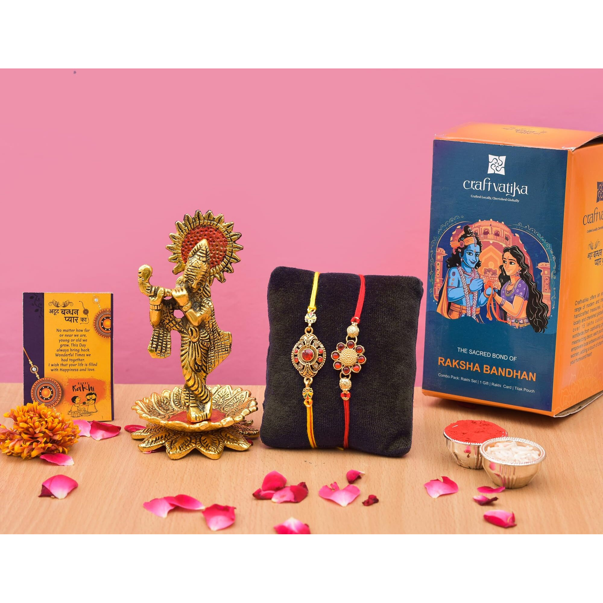Collectible India Rakhi Idol Gift for Brother Boy with Gift Combo - Rakshabandhan Gifts for Men Boys Bhaiya - Krishna Idol Statue for Home Decor, Home Decoration Items (M2- Set of 2 Rakhi)