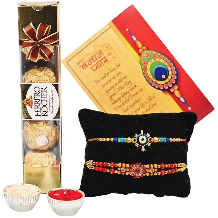 Ferrero Rocher Rakhi Gift Combo For Brother, Rakhi For Brother with Chocolate, Set of 2 Rakhi Kids Brother With Chocolates,Rakshabandhan Rakhi Gift Hamper with 2 Rakhi,Greeting Card,Tilak pack