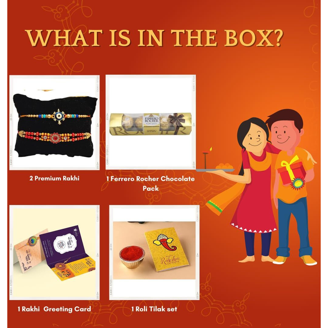 Ferrero Rocher Rakhi Gift Combo For Brother, Rakhi For Brother with Chocolate, Set of 2 Rakhi Kids Brother With Chocolates,Rakshabandhan Rakhi Gift Hamper with 2 Rakhi,Greeting Card,Tilak pack