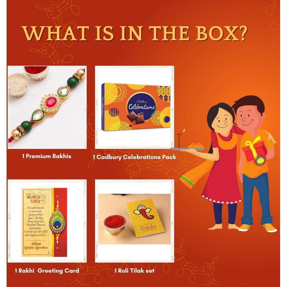 Stone Beaded Studded Rakhi with Chocolate Gift for Brother Cadbury Celebration Chocolate Hamper Rakhi Set of 1 for Brother Bhai Bhaiya Raksha Bandhan Bracelet Single Rakhi with Greeting Card