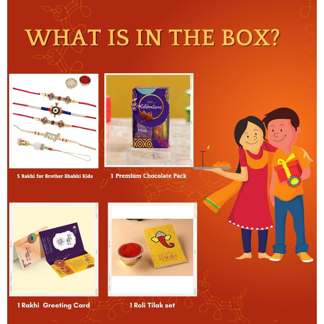 Rakhi for Brother Combo with Gift, Rakhi Gift for Brother Rakhi with Chocolate For Bhai Bhabhi Kids, Rakshabandhan Gifts for Brother with Rakhi, Rakhi Set of 5 with Greeting Card, Tilak Set
