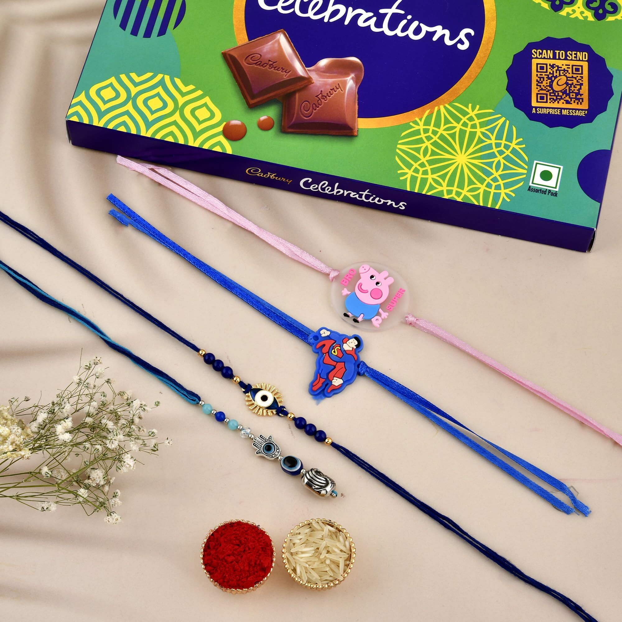 CraftVatika 4 Family Rakhi Chocolate Combo Set for Brother Bhaiya Bhabhi and Kids, Evil Eye Rakhi for Bhabhi Brother Family Combo, Rakhi with Chocolate Gift Combo Rakhis Set of 4