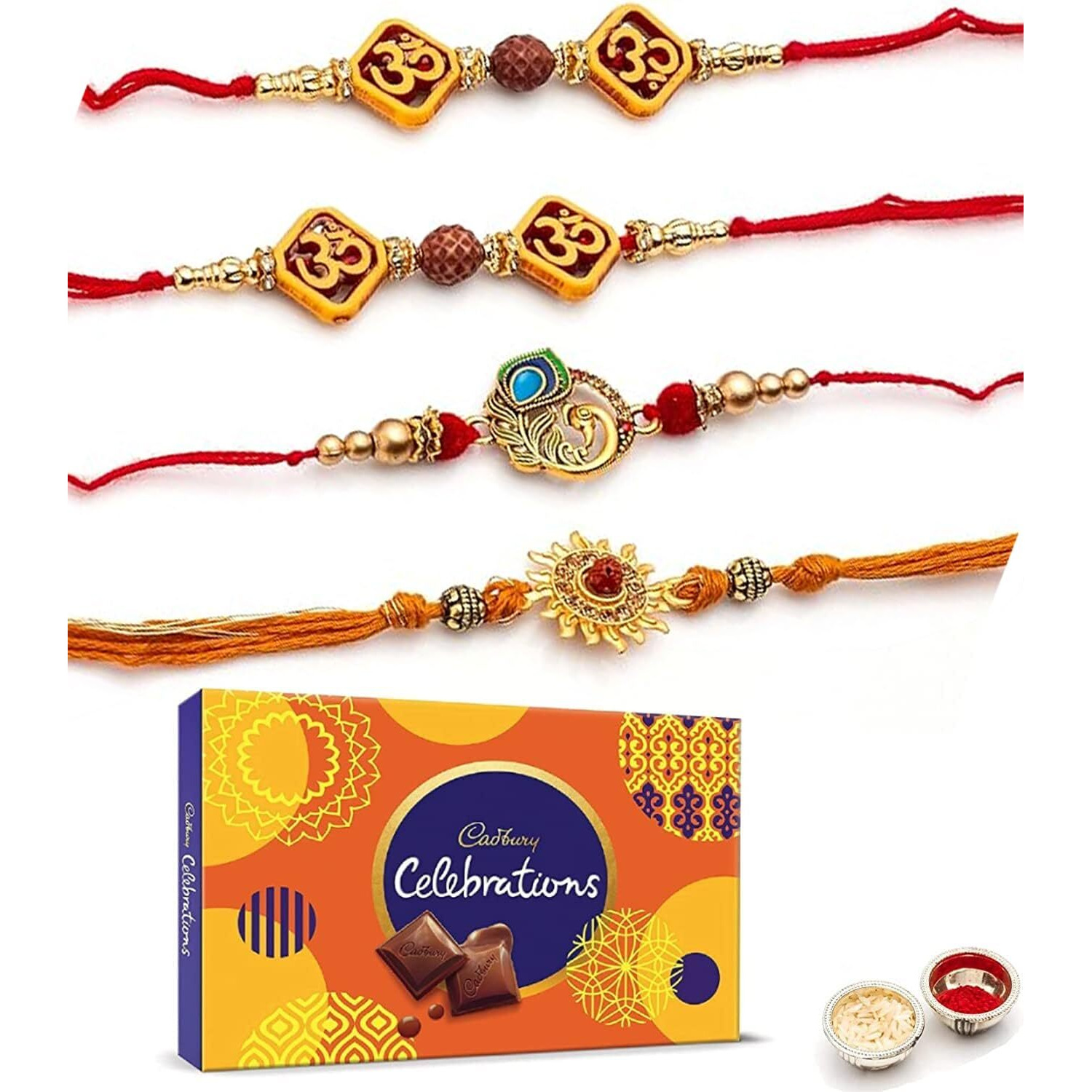 Set of 4 Rakhi Rakhi For Brother With Chocolate Combo, Gift for Brother, Rakhi Gift Hamper Rakhi Gift with Cadbury, Rakhi for brother with chocolate Gifts Combo SetGreeting Card, Set of 4 Rakhi
