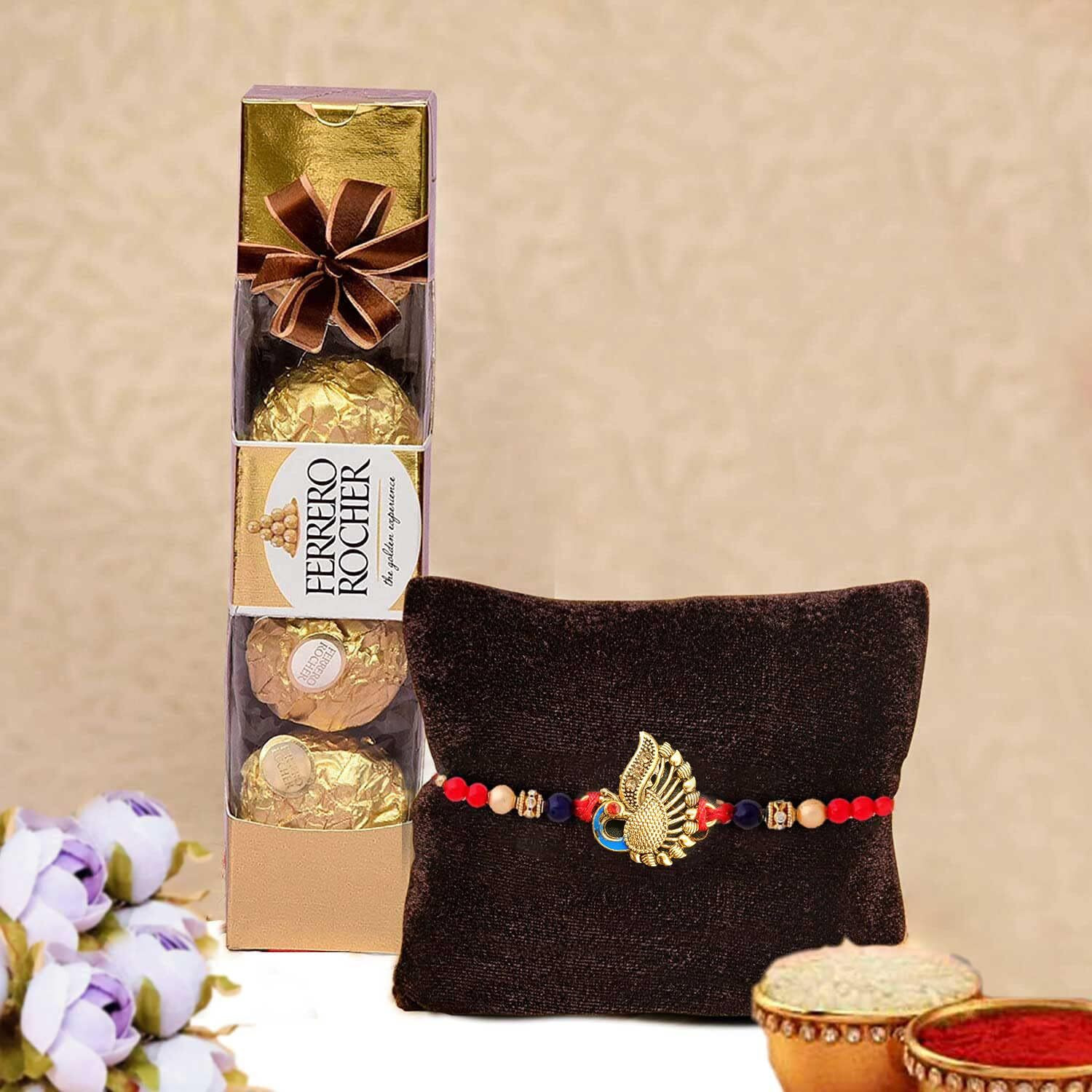 Peacock Rakhi Gift for Brother with Chocolate Gift Combo, Rakhi with Ferrero Rocher Chocolate for Bhaiya, Kids Boy, Rakhi Set of 1, Single Rakhi with Greeting Card, Tilakk Set