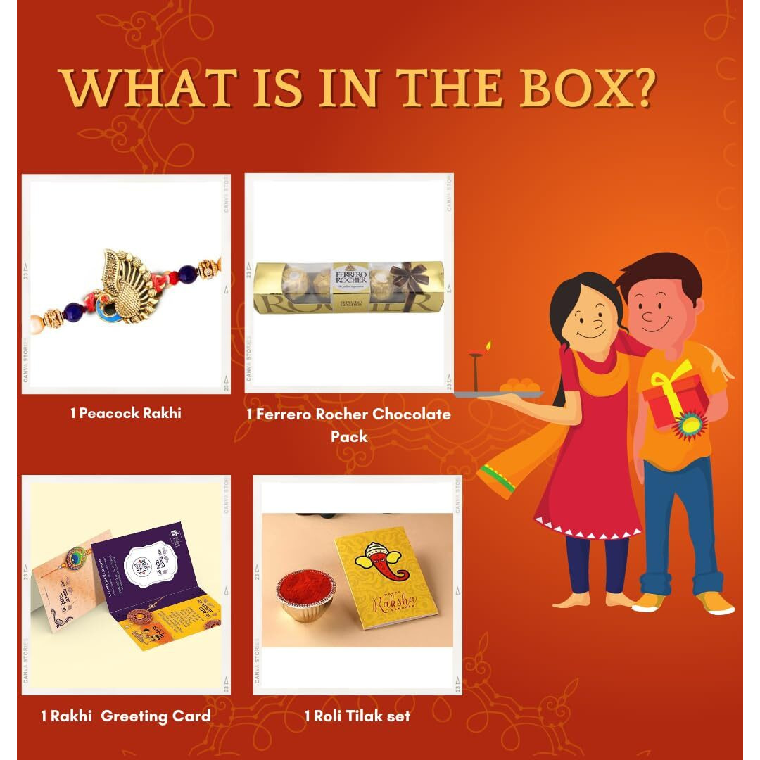 Peacock Rakhi Gift for Brother with Chocolate Gift Combo, Rakhi with Ferrero Rocher Chocolate for Bhaiya, Kids Boy, Rakhi Set of 1, Single Rakhi with Greeting Card, Tilakk Set