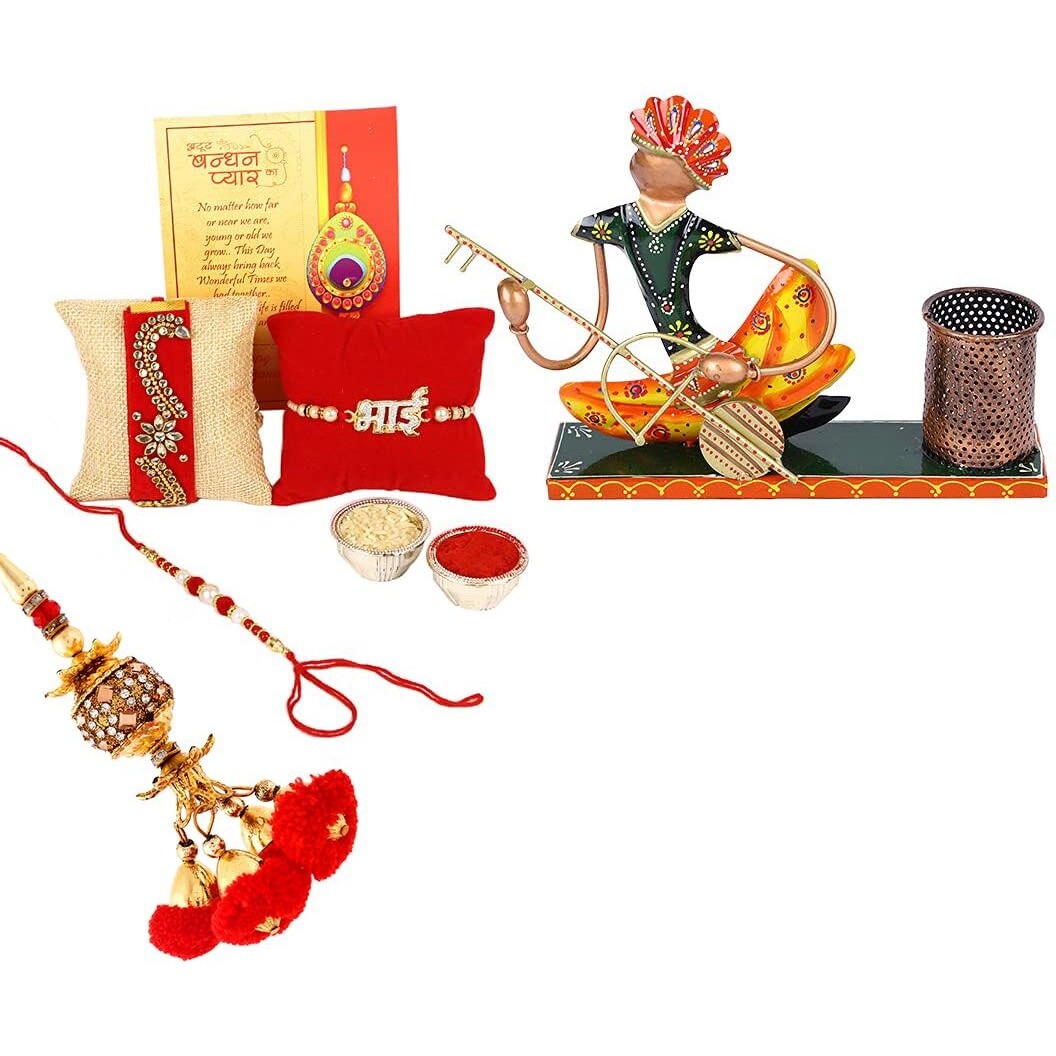 Rakhi for Brother bhai with Musician men pend stand Gift Combo Set - Rakhi for Bhaiya Bhabhi Kids - Rakshabandhan Showpiece - Musician Pen Stand Holder Decorative Showpiece Dora Rakhi Bhai Rakhi Lumba Velvet Rakhi, Greeting Card