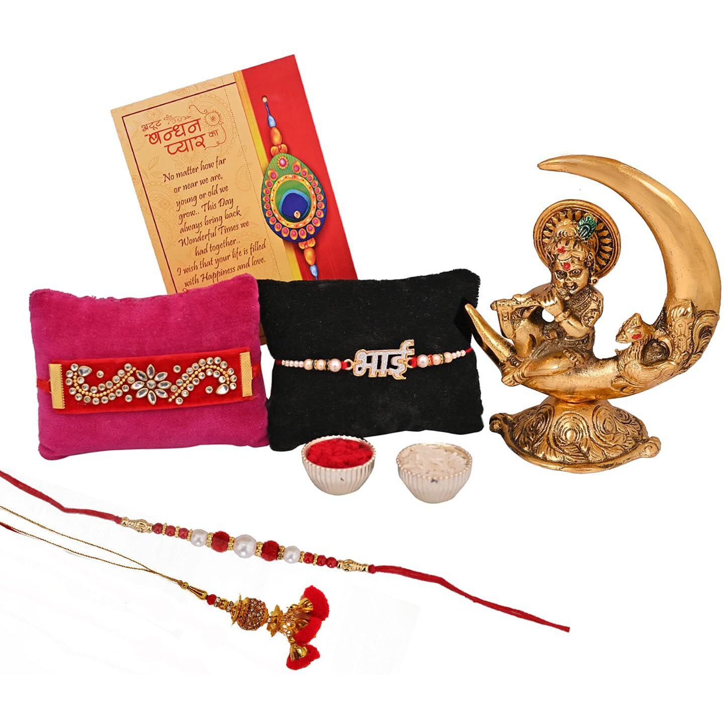 Collectible India Rakhi for Brother with Gift Combo Rakshabandhan Gift - Rakhi for Brother - Baby Krishna Idols Statue, Greeting Card Home Decoration Items (M1- Family Combo)