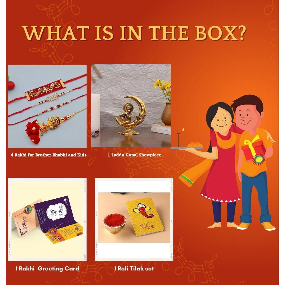 Collectible India Rakhi for Brother with Gift Combo Rakshabandhan Gift - Rakhi for Brother - Baby Krishna Idols Statue, Greeting Card Home Decoration Items (M1- Family Combo)