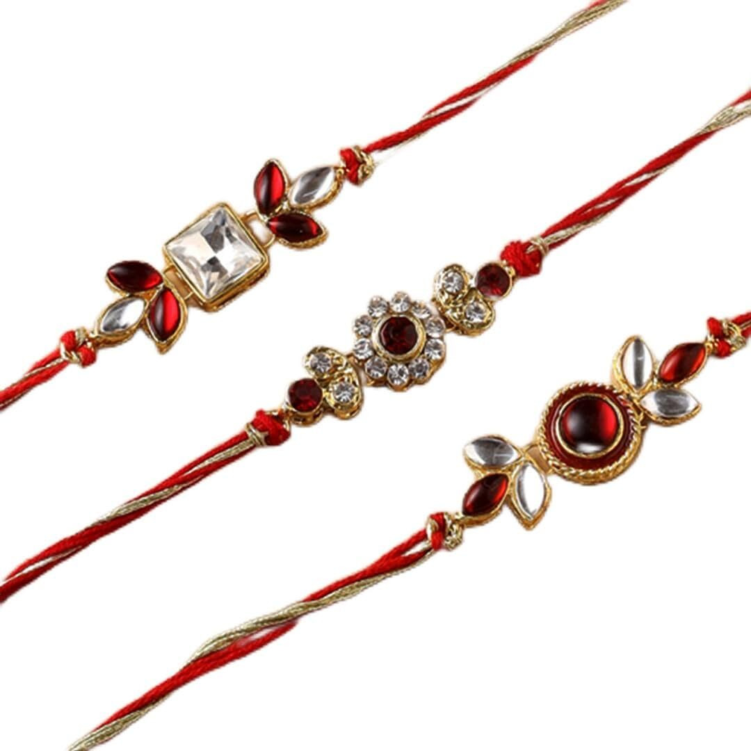 CraftVatika Rakshabandhan Kundan Rakhi Set of 3 for Brother Bhabhi Kids with Greeting Card, remium Rakhi Combo of 3 for Men Boys Gilrs