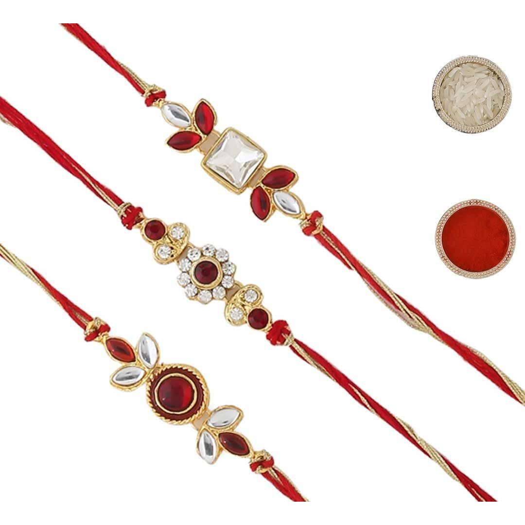 CraftVatika Rakshabandhan Kundan Rakhi Set of 3 for Brother Bhabhi Kids with Greeting Card, remium Rakhi Combo of 3 for Men Boys Gilrs