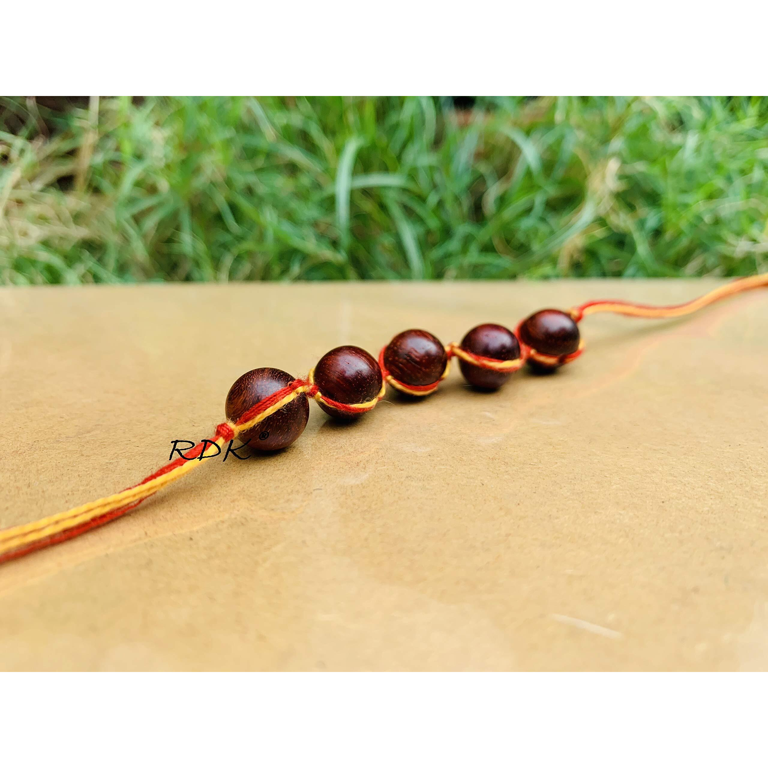 RDK Original Handcrafted Red Sandalwood Antique 5 Beads Dora Rakhi Lal Chandan Designer Rakshbandhan Rakhis for Bhaiya Brother