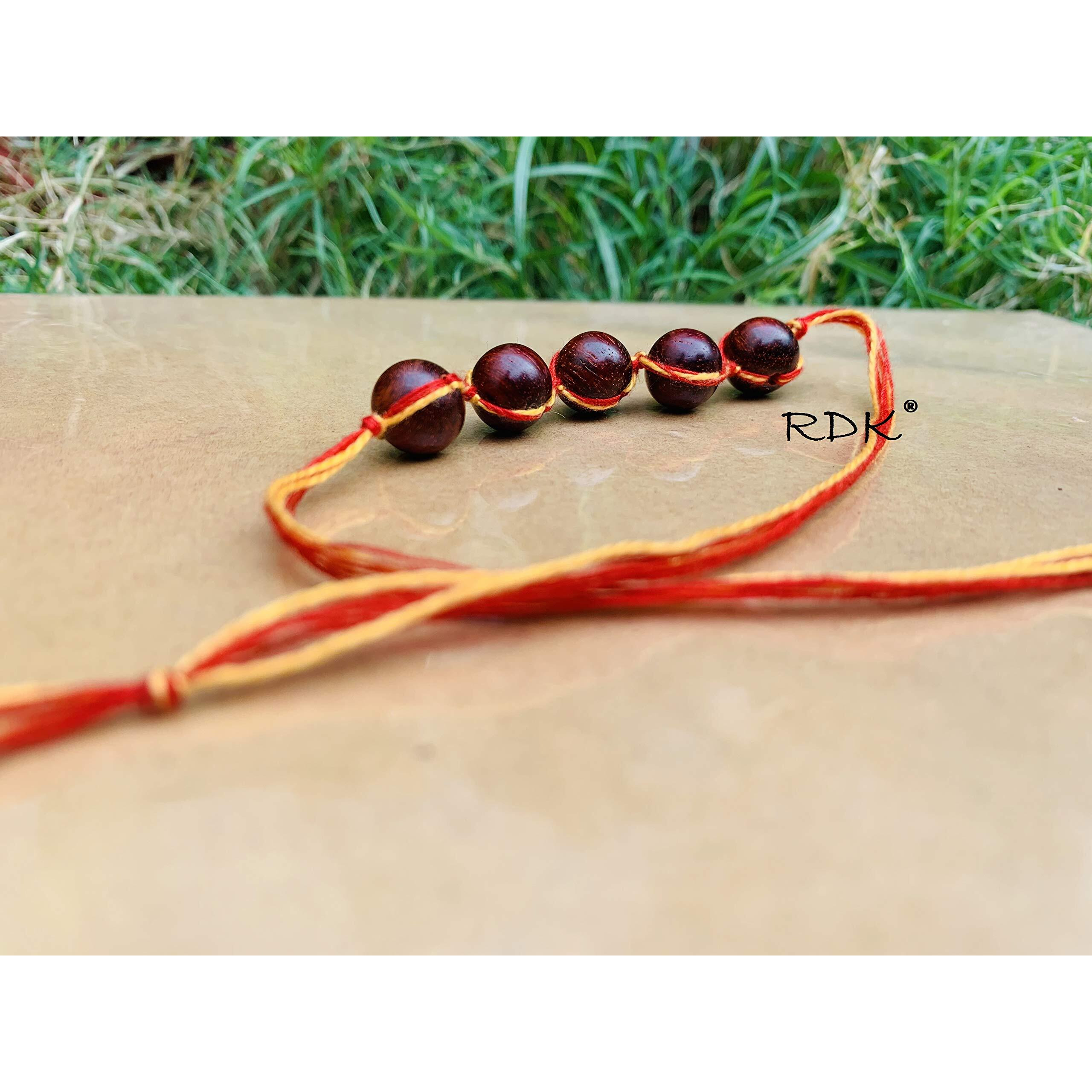 RDK Original Handcrafted Red Sandalwood Antique 5 Beads Dora Rakhi Lal Chandan Designer Rakshbandhan Rakhis for Bhaiya Brother