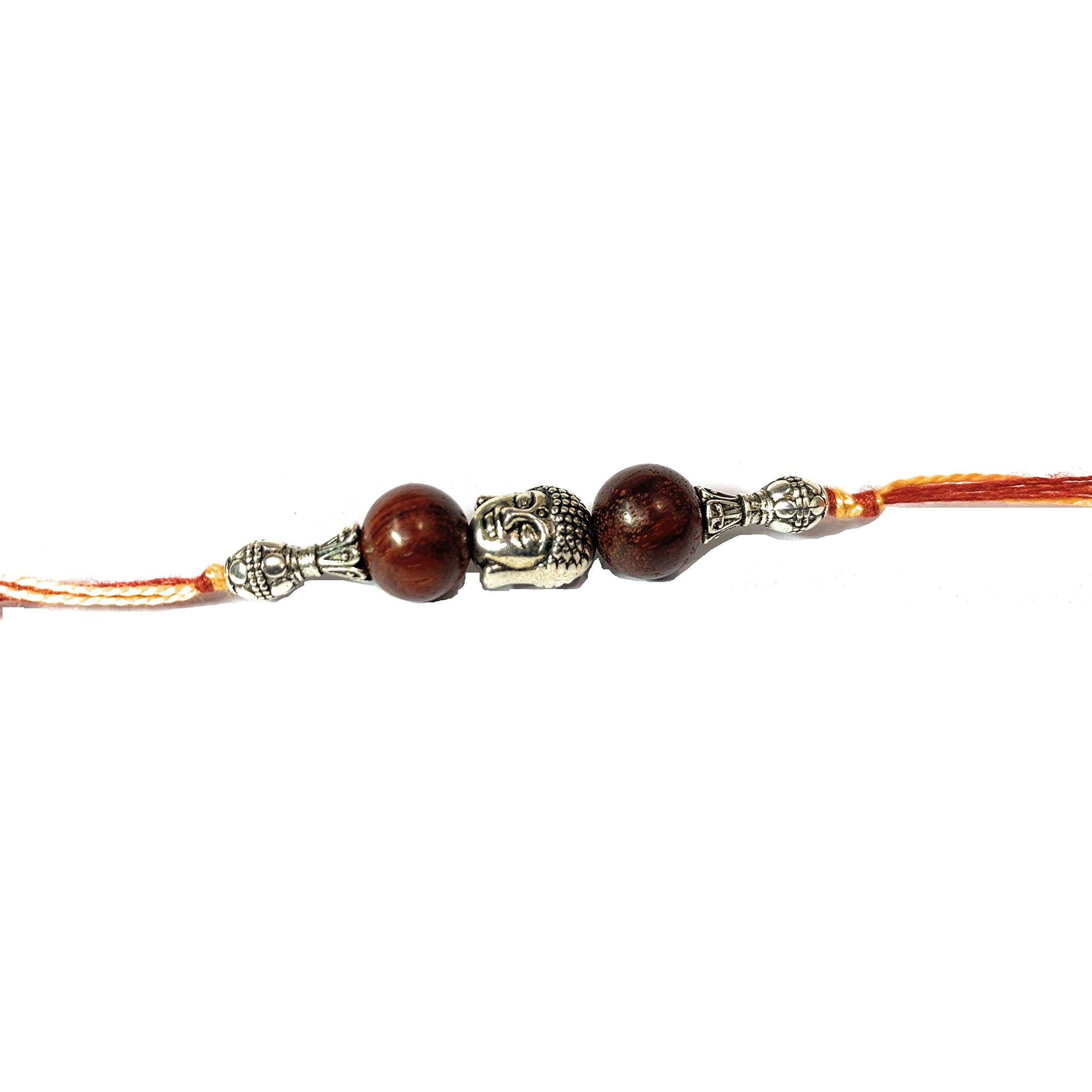RDK Original Handcrafted Red Sandalwood Buddha with 2 Beads Pattern Dora Rakhi Lal Chandan Designer Rakshbandhan Rakhis for Bhaiya Brother