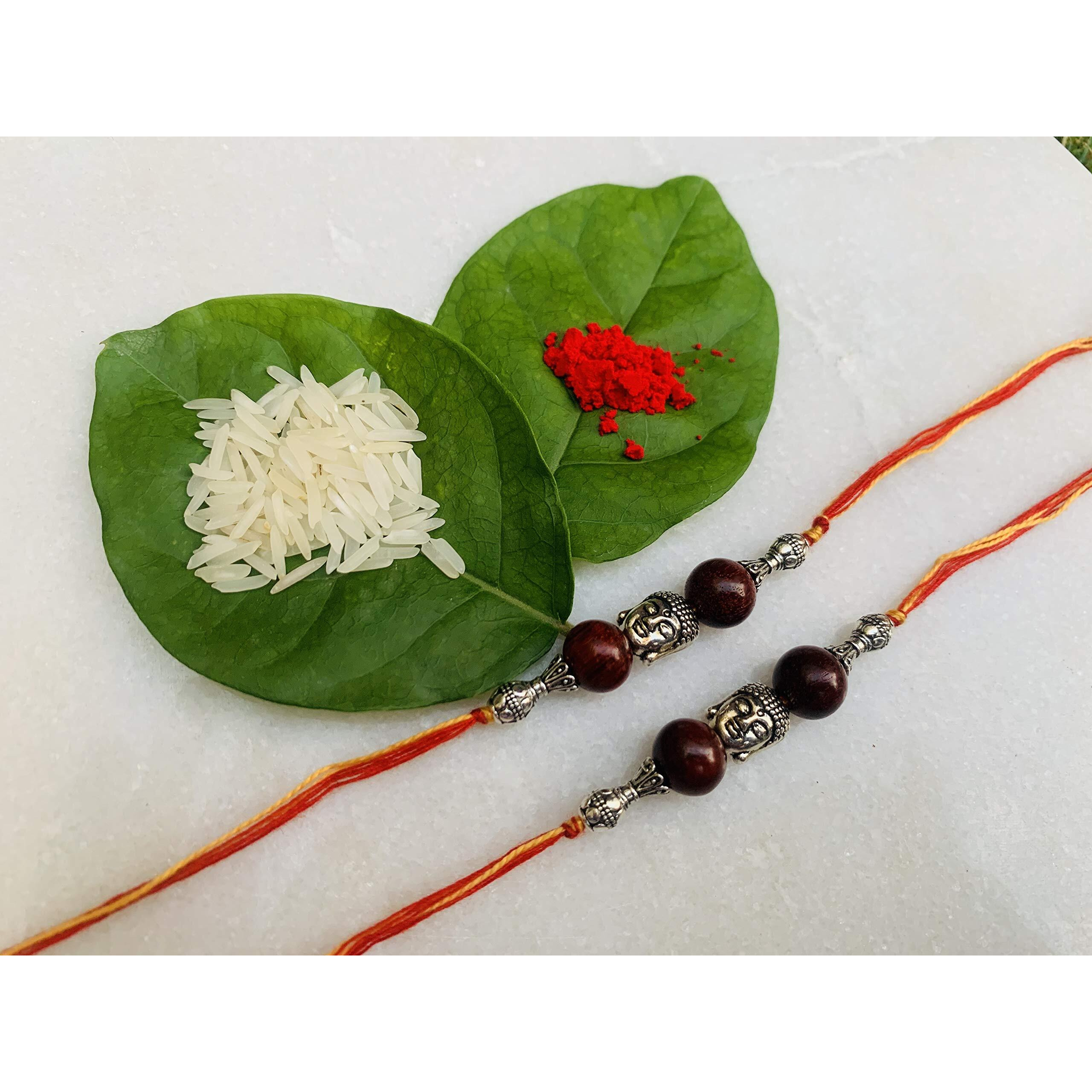 RDK Original Handcrafted Red Sandalwood Buddha with 2 Beads Pattern Dora Rakhi Lal Chandan Designer Rakshbandhan Rakhis for Bhaiya Brother