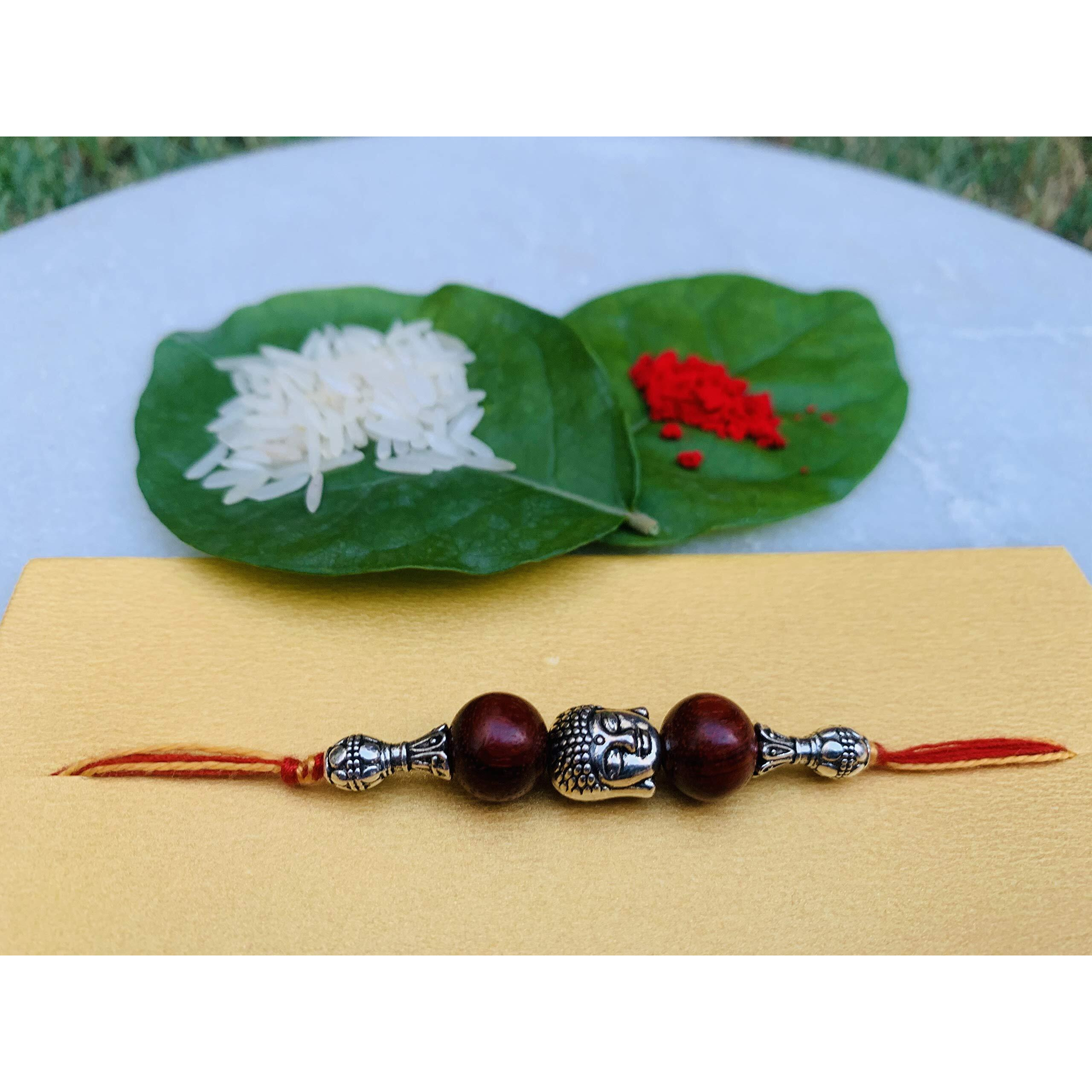 RDK Original Handcrafted Red Sandalwood Buddha with 2 Beads Pattern Dora Rakhi Lal Chandan Designer Rakshbandhan Rakhis for Bhaiya Brother