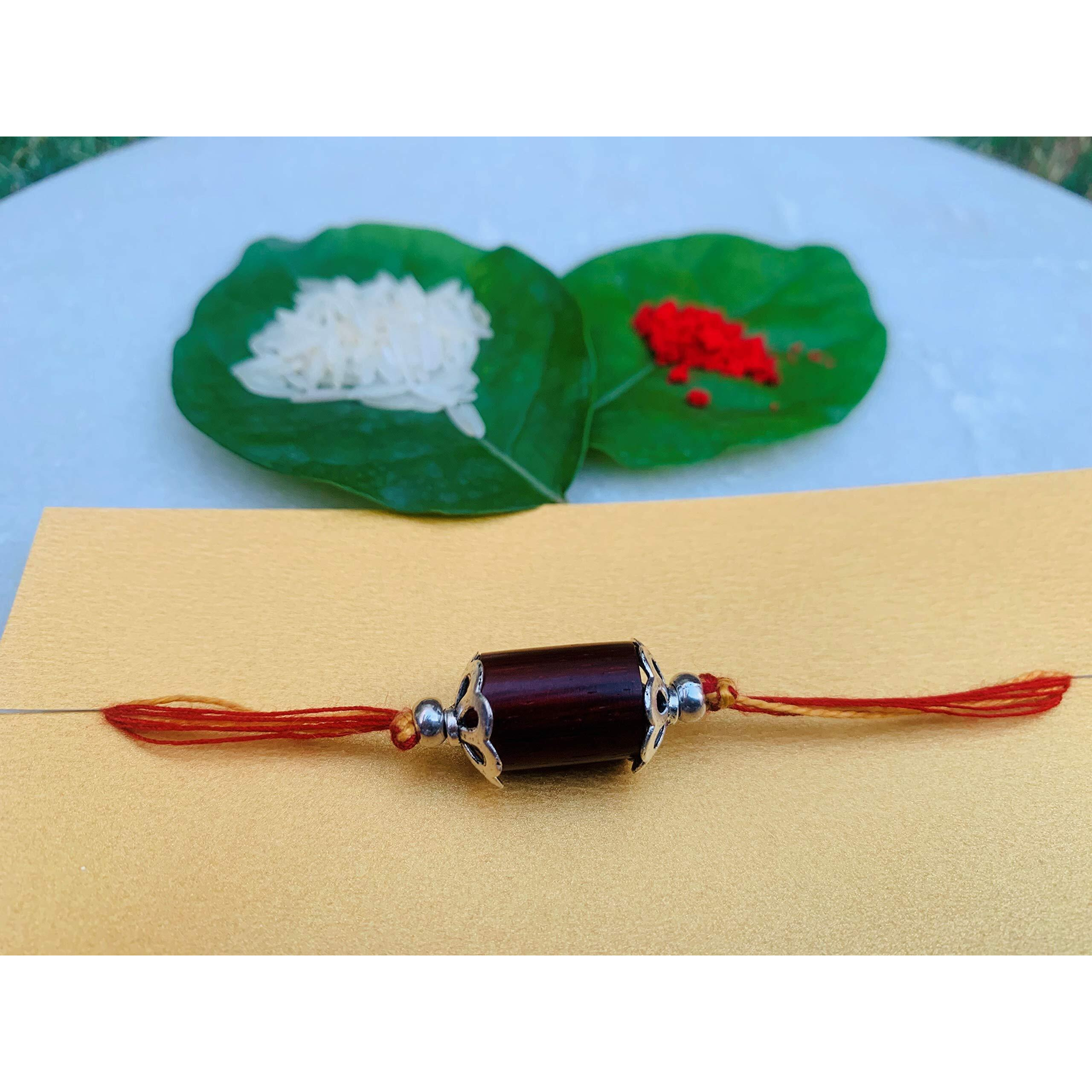 RDK Original Handcrafted Red Sandalwood Cylindrical Bead Pattern Dora Rakhi Lal Chandan Designer Rakshbandhan Rakhis for Bhaiya Brother