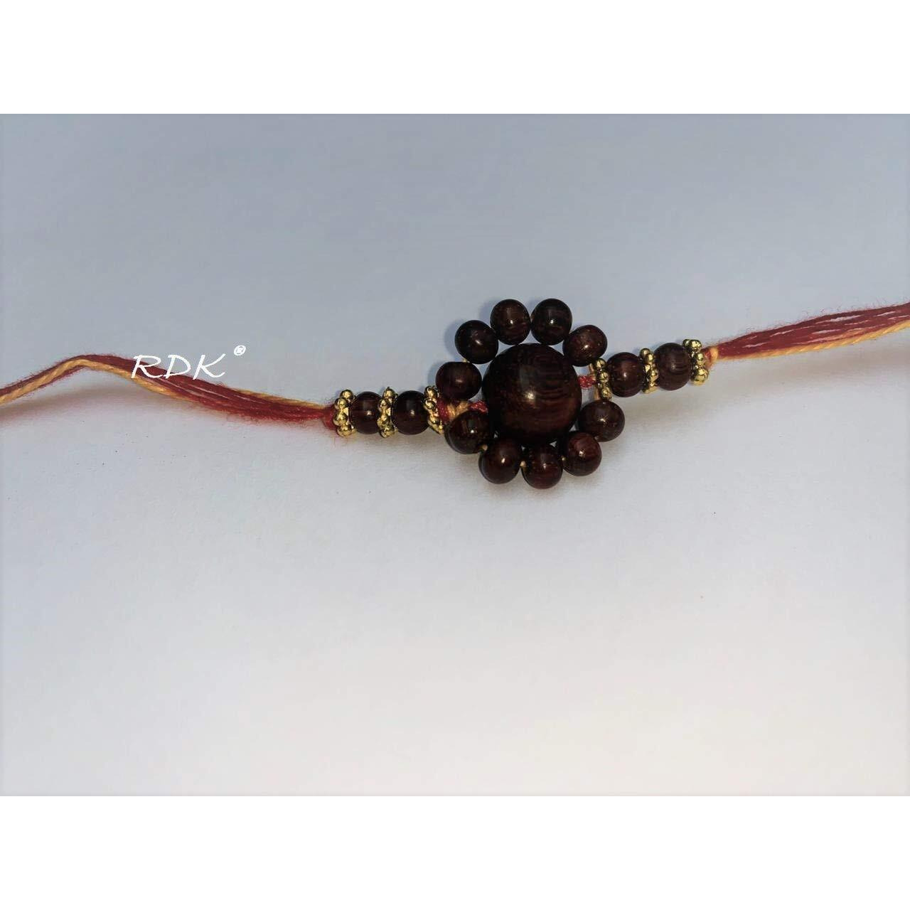 RDK Original Handcrafted Red Sandalwood Beaded Flower Pattern Dora Rakhi Lal Chandan Designer Rakshbandhan Rakhis for Bhaiya Brother