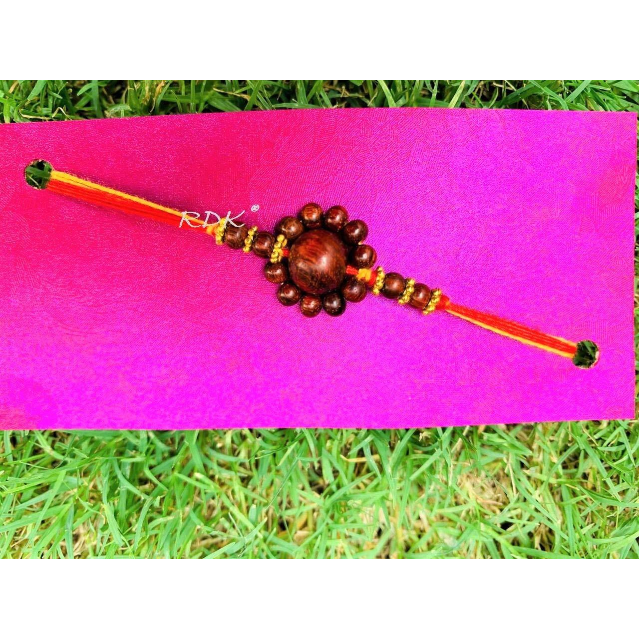 RDK Original Handcrafted Red Sandalwood Beaded Flower Pattern Dora Rakhi Lal Chandan Designer Rakshbandhan Rakhis for Bhaiya Brother
