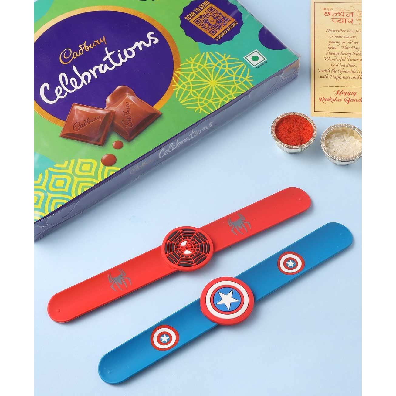 CraftVatika Kids Rakhi for Brother Combo with Chocolate Gift Hamper, Kids Wrist Slap Band Rakhi with Cadbury Celebration Chocolates for Boy Girl with Greeting Card