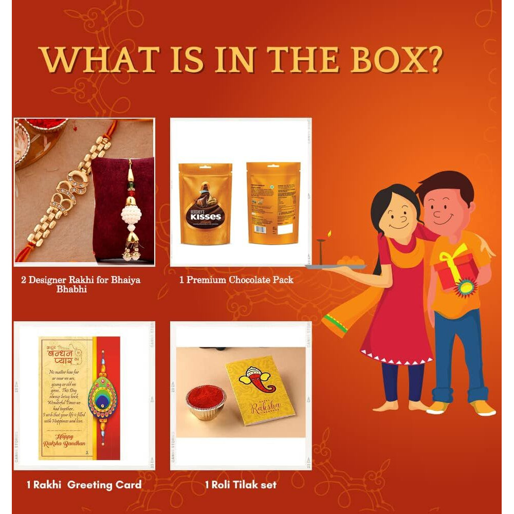 CraftVatika Rakhi Hersheys Kisses Chocolates Gift Combo Pack of 1 for Brother and Bhabhi, Rakshabandhan Lumba Rakhi with Chocolates for Bhabhi Sister In Laws, Designer BRO Rakhi for Bhaiya Boy Men