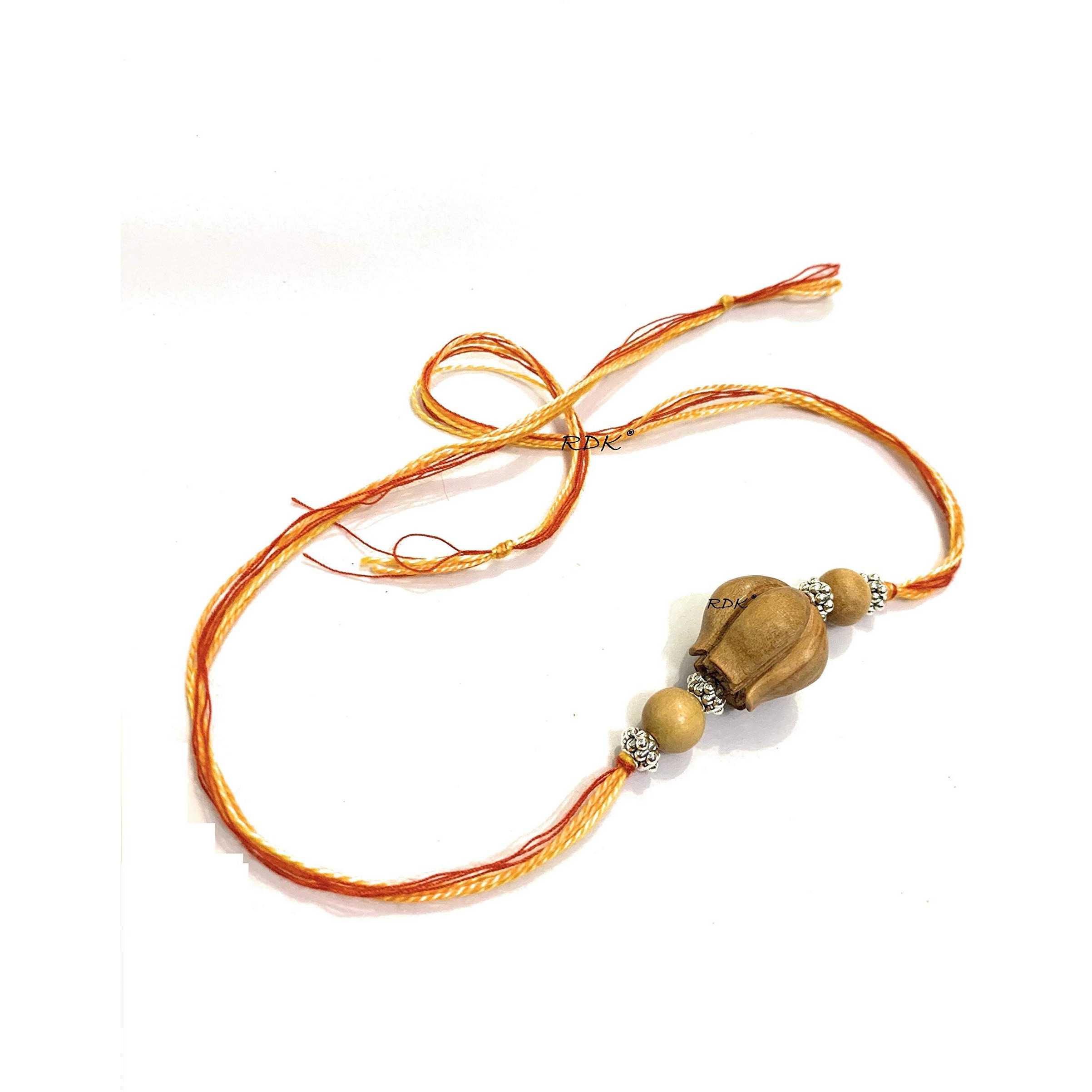 RDK Womens Handcrafted Sandalwood Antique Lotus Beaded Pattern Dora Rakhi