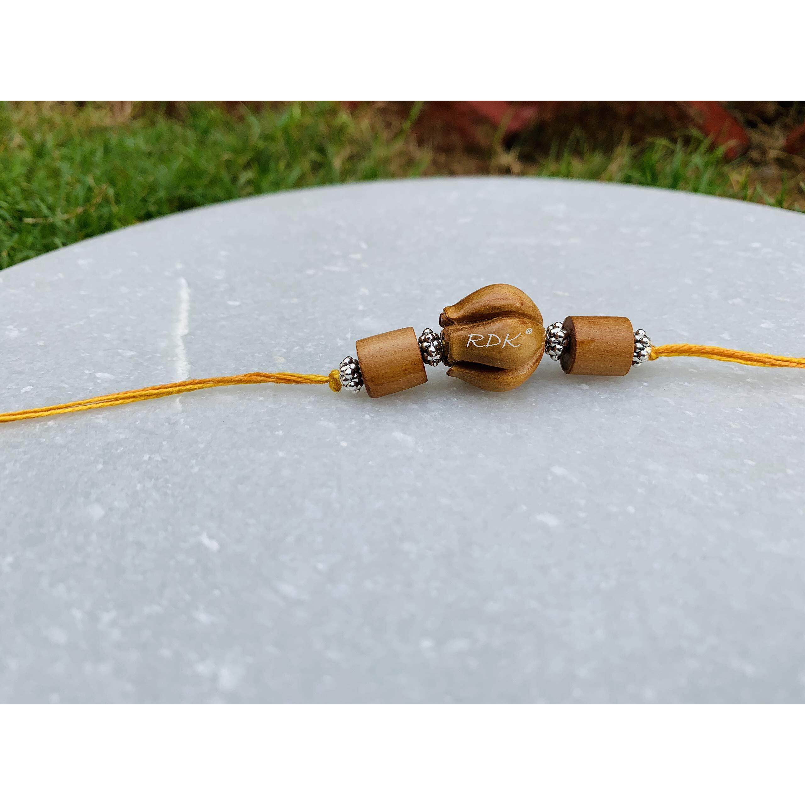 RDK Original Handcrafted Sandalwood Antique Lotus Pipe Pattern Dora Rakhi Chandan Designer Rakshbandhan Rakhis for Bhaiya Brother