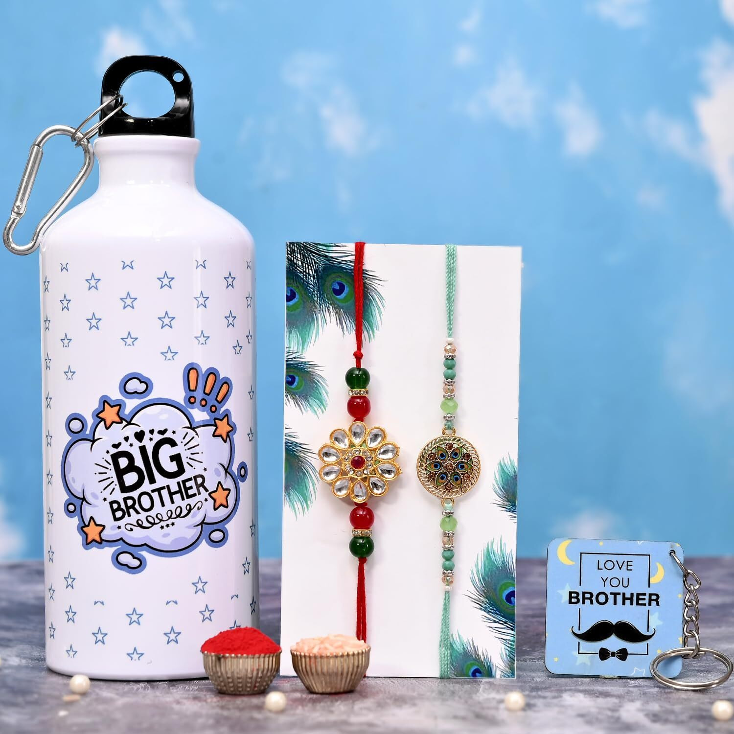 TONKWALAS Rakhi For Brother,2 Rakhi With Printed Sipper and Keychain Combo Set | 600 Ml Sipper with Keychain I Tilak Set and Greeting Card | Best Rakhi Gift For Brother (KSIP-3-C25-C6)
