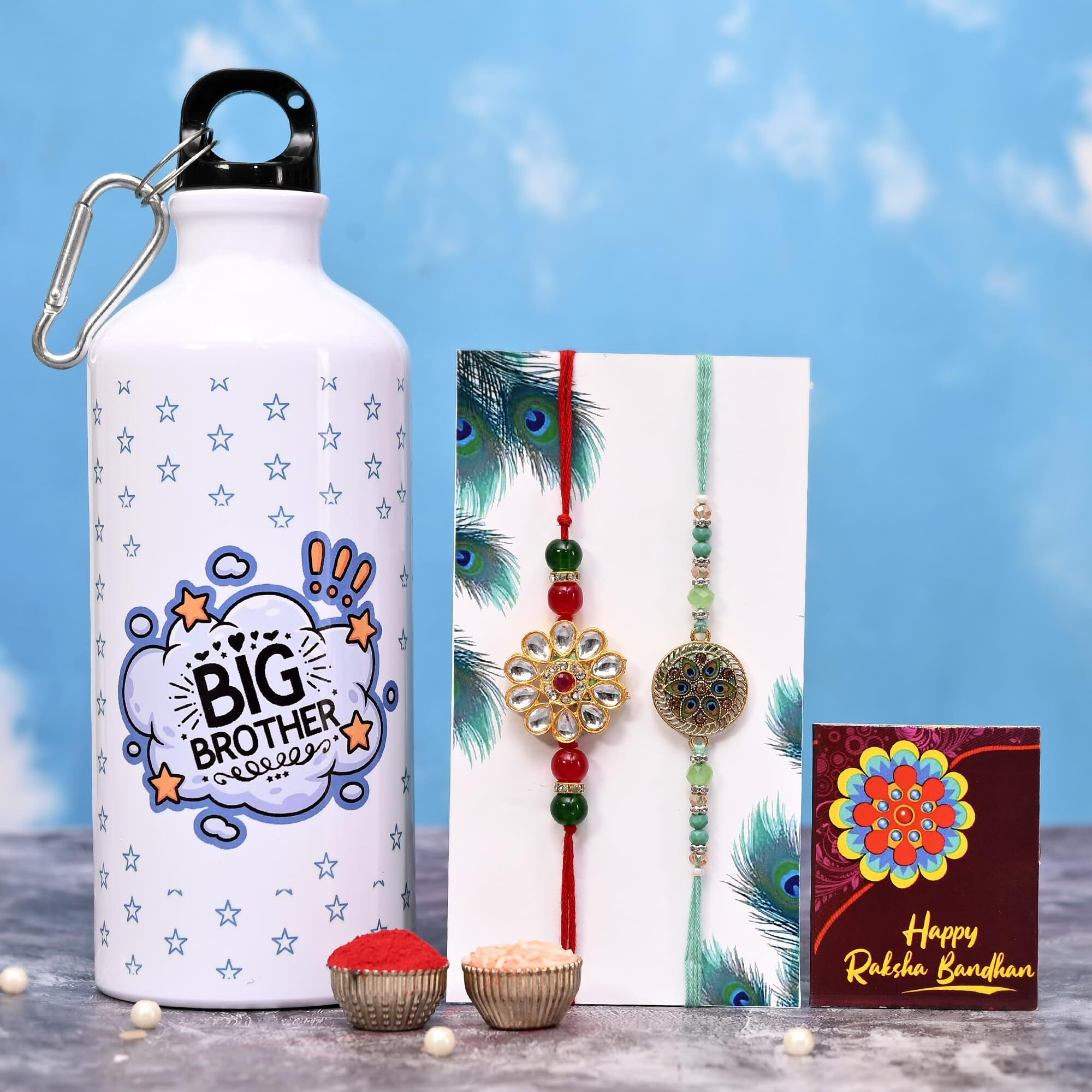 TONKWALAS Rakhi For Brother,2 Rakhi With Printed Sipper and Keychain Combo Set | 600 Ml Sipper with Keychain I Tilak Set and Greeting Card | Best Rakhi Gift For Brother (KSIP-3-C25-C6)