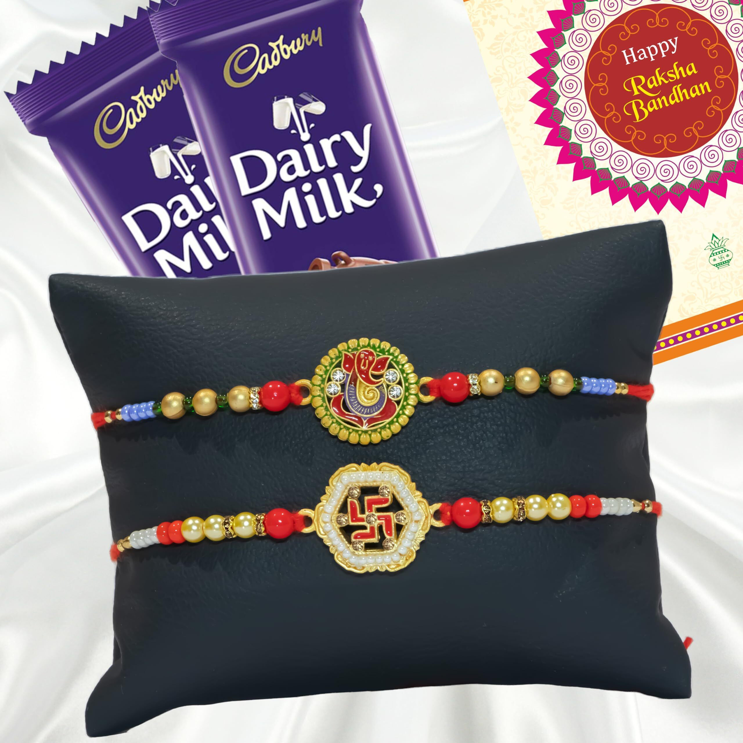 Canton Rakhi Combo Gift Hamper Pack of 2 Rakhi For Brother With Chocolate, Rakhi With Cadbury Dairy Milk, Greeting Card & Roli Tilak (Design-16, 2 Rakhi With Cadbury)