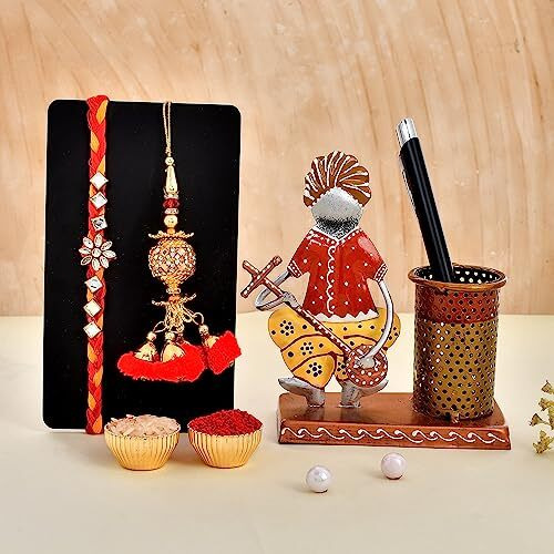 CraftVatika Rakhi for Brother and Bhabhi Gift Set - Rakhi Set for Bhai Bhabhi - Rakhi with Musician Pen Holder Showpiece - Lumba Rakhi Gift Combo for Rakshabandhan