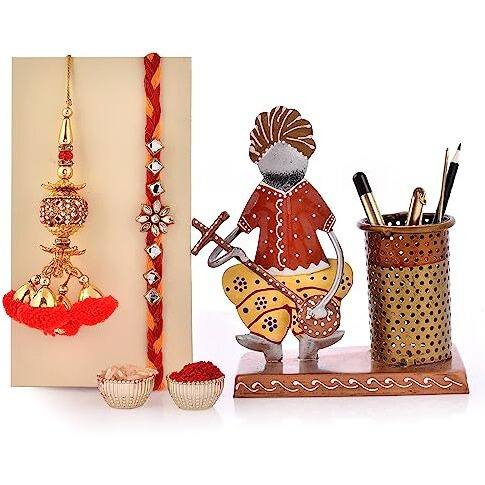 CraftVatika Rakhi for Brother and Bhabhi Gift Set - Rakhi Set for Bhai Bhabhi - Rakhi with Musician Pen Holder Showpiece - Lumba Rakhi Gift Combo for Rakshabandhan