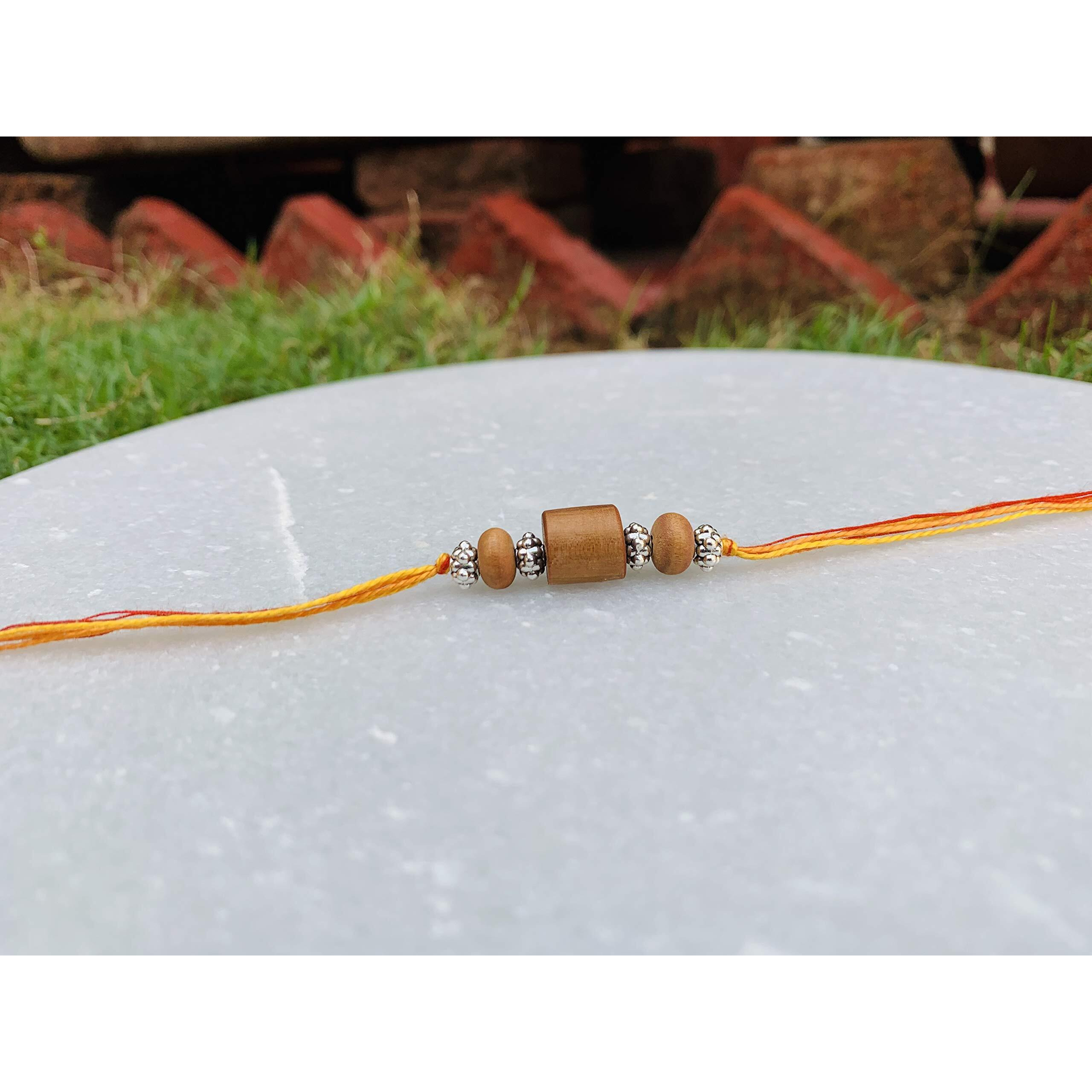 RDK Original Handcrafted Sandalwood Antique Beaded Pipe Pattern Dora Rakhi Chandan Designer Rakshbandhan Rakhis for Bhaiya Brother