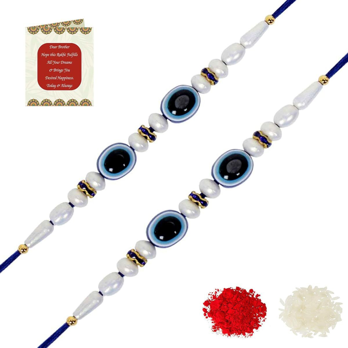 Riddhika Ventures Blue Evil Eye Rakhi (Set of 2) with Roli Chawal and Greeting Card (P1P1)
