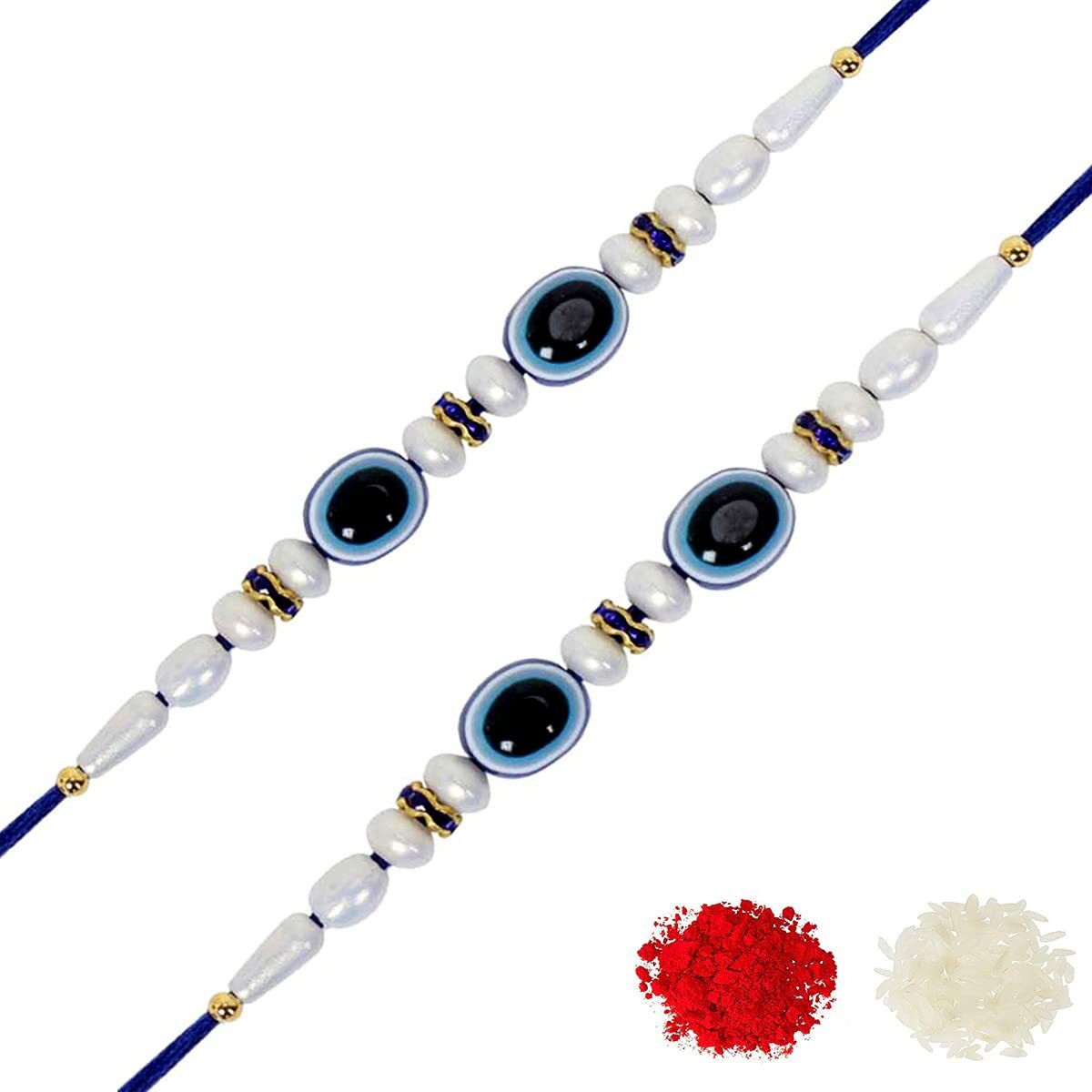 Riddhika Ventures Blue Evil Eye Rakhi (Set of 2) with Roli Chawal and Greeting Card (P1P1)