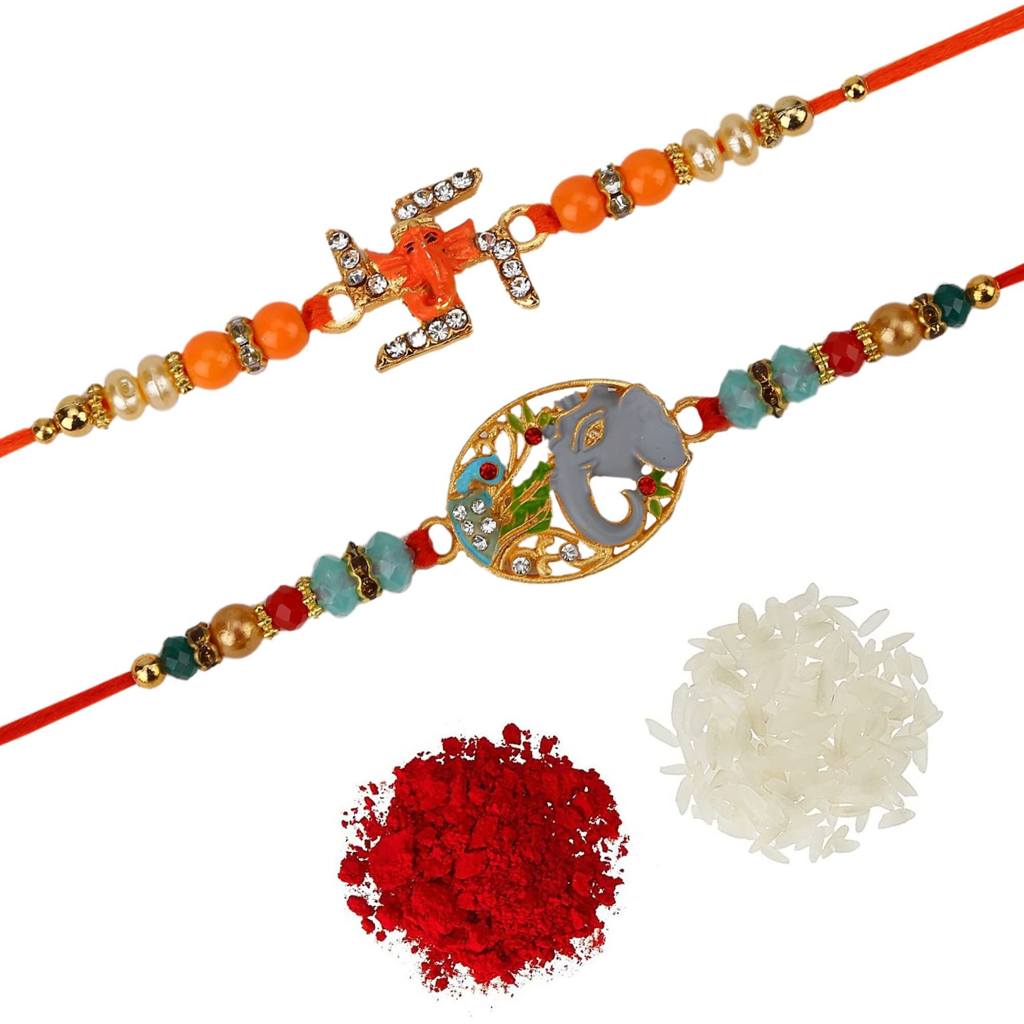 Fresh From Loom Set Of 2-piece Rakhi for Brother with Roli Chawal | Handcrafted-Local Artisian Beading Cords & Threads | Men Rakshabandan Gifts from Sister | Rakhis for Brothers Bhabhi Kids (Set 2 pc)