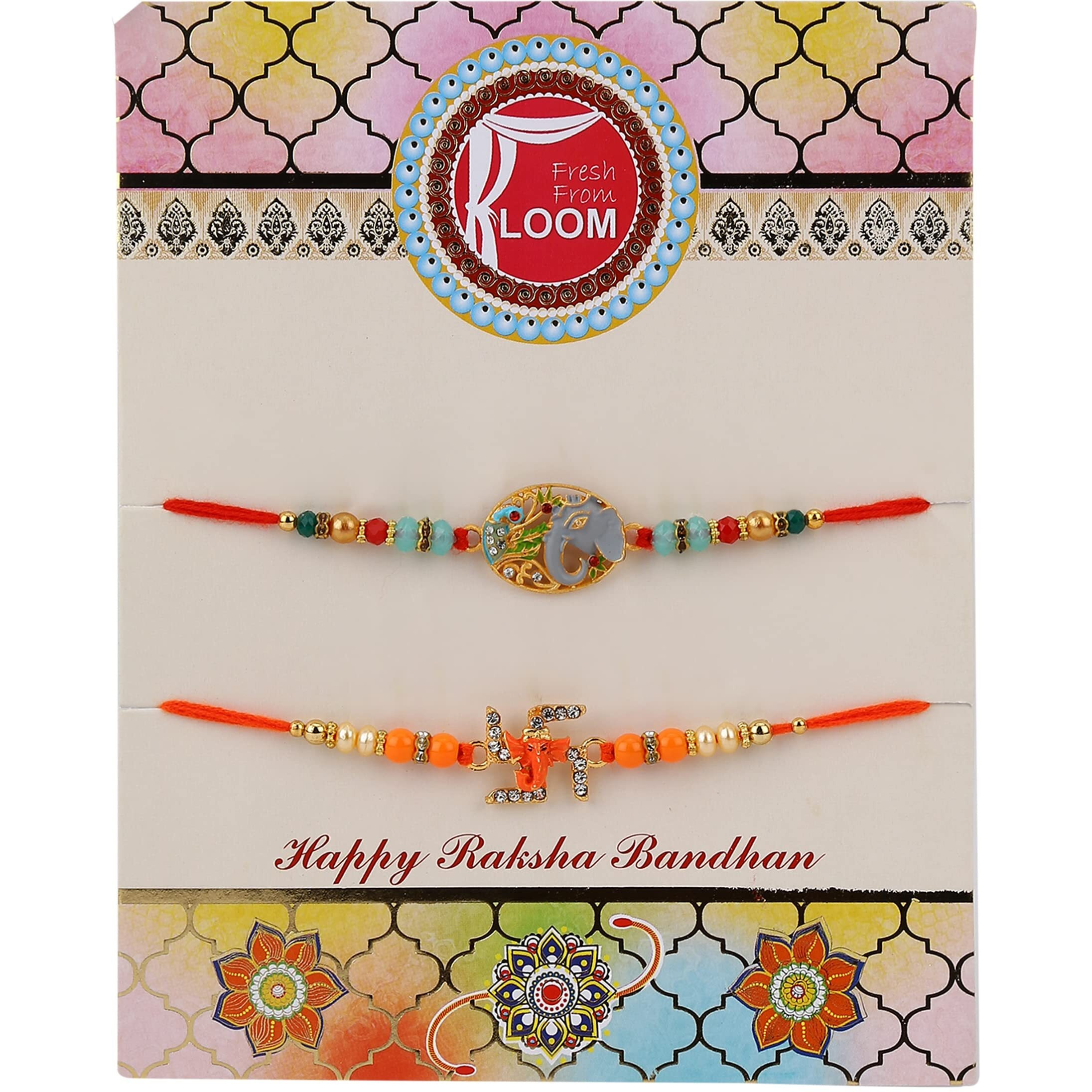 Fresh From Loom Set Of 2-piece Rakhi for Brother with Roli Chawal | Handcrafted-Local Artisian Beading Cords & Threads | Men Rakshabandan Gifts from Sister | Rakhis for Brothers Bhabhi Kids (Set 2 pc)