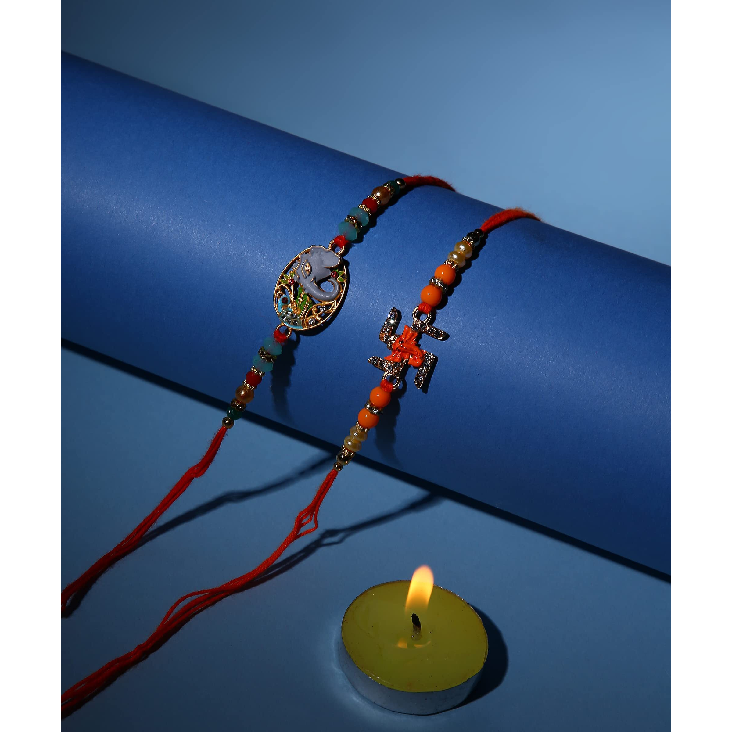 Fresh From Loom Set Of 2-piece Rakhi for Brother with Roli Chawal | Handcrafted-Local Artisian Beading Cords & Threads | Men Rakshabandan Gifts from Sister | Rakhis for Brothers Bhabhi Kids (Set 2 pc)