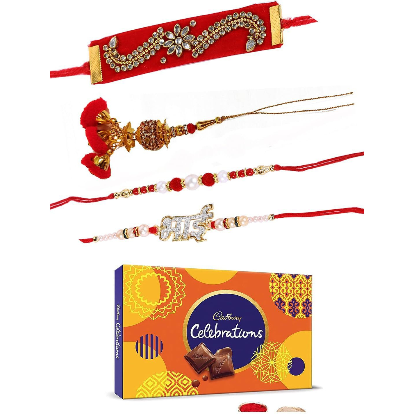 Rakhi with Gift for Brother with Chocolate Box Combo cadbury Celebration Pack with Premium 4 Rakhis for Brothers Combo/ Rakhi Set of 4 / Kundan Rakhi, Lumba Rakhi For Bhabhi, Designer Bhai Rakhi,Pearl,Greeting Card, Tilak Set Gift