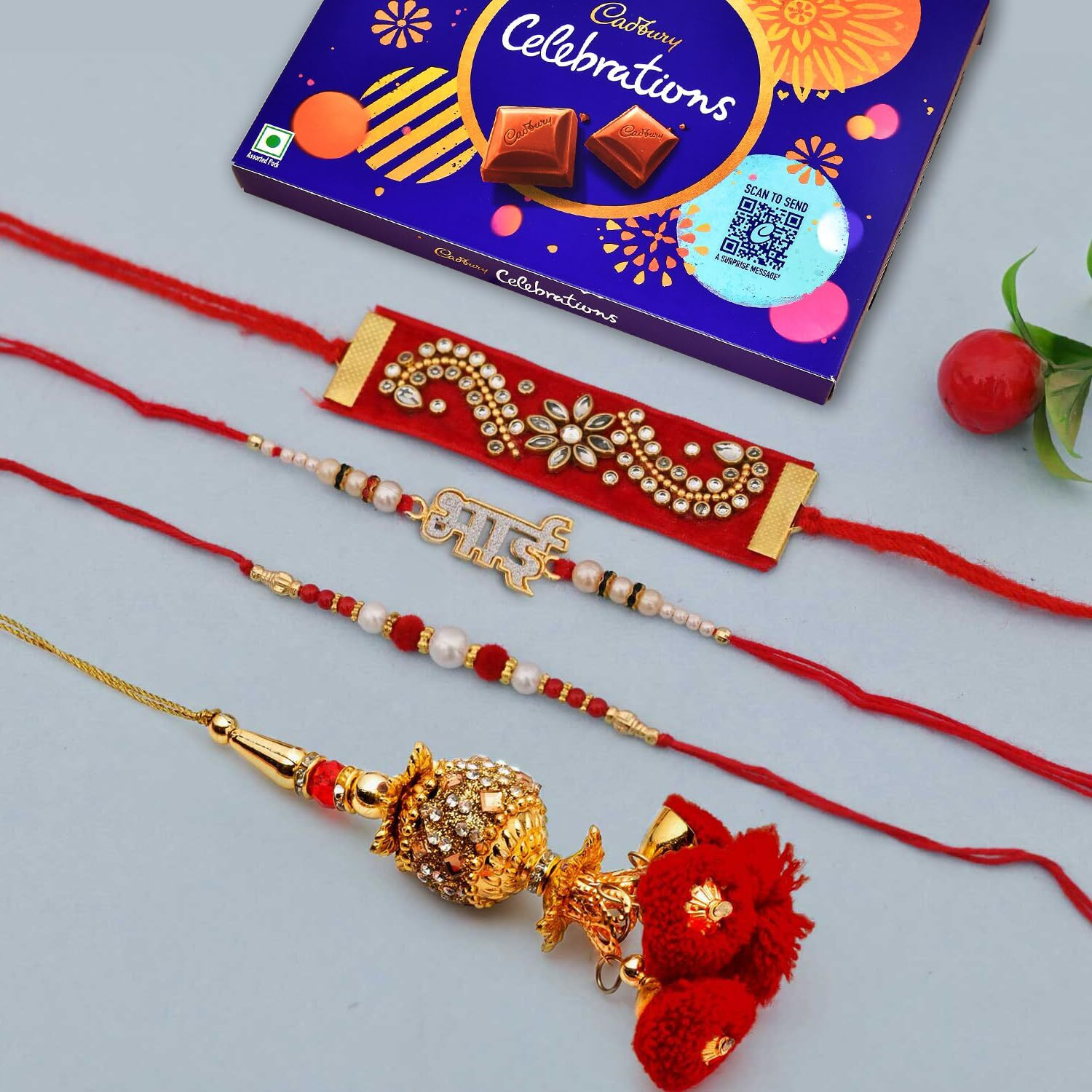 Rakhi with Gift for Brother with Chocolate Box Combo cadbury Celebration Pack with Premium 4 Rakhis for Brothers Combo/ Rakhi Set of 4 / Kundan Rakhi, Lumba Rakhi For Bhabhi, Designer Bhai Rakhi,Pearl,Greeting Card, Tilak Set Gift