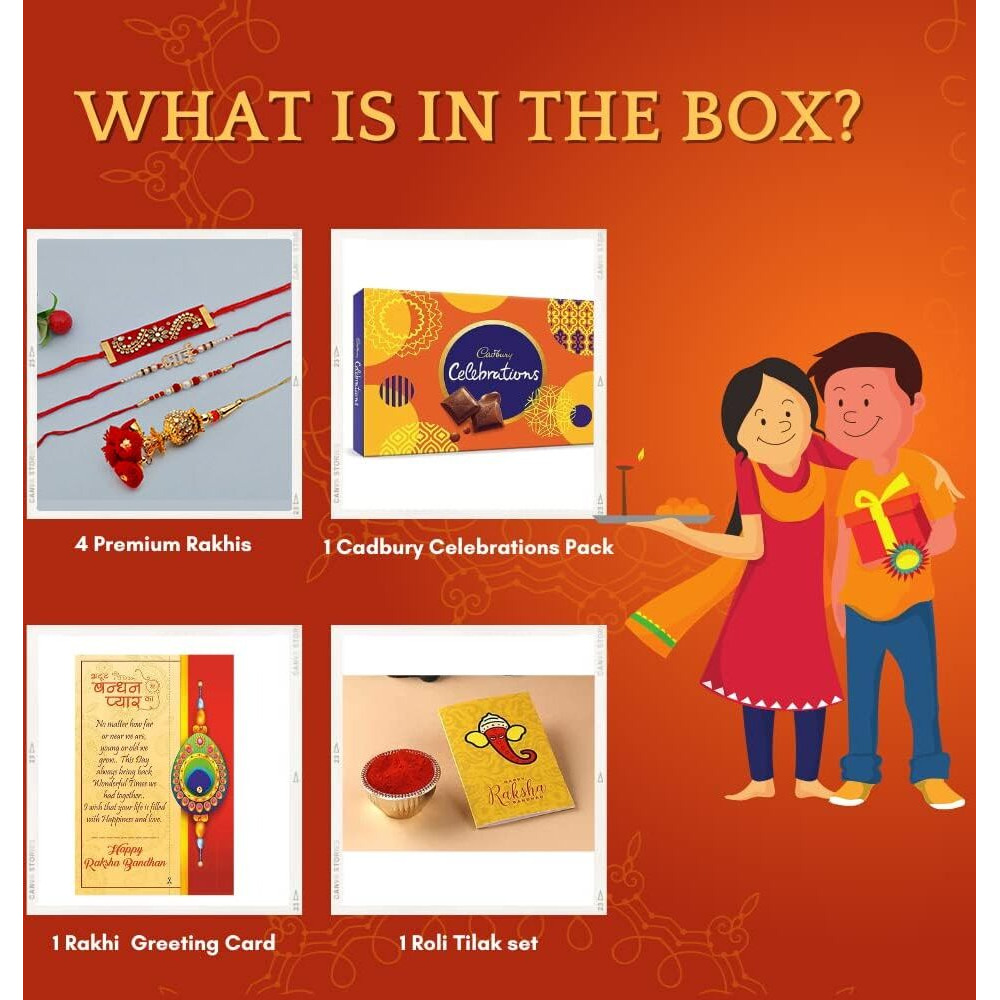 Rakhi with Gift for Brother with Chocolate Box Combo cadbury Celebration Pack with Premium 4 Rakhis for Brothers Combo/ Rakhi Set of 4 / Kundan Rakhi, Lumba Rakhi For Bhabhi, Designer Bhai Rakhi,Pearl,Greeting Card, Tilak Set Gift