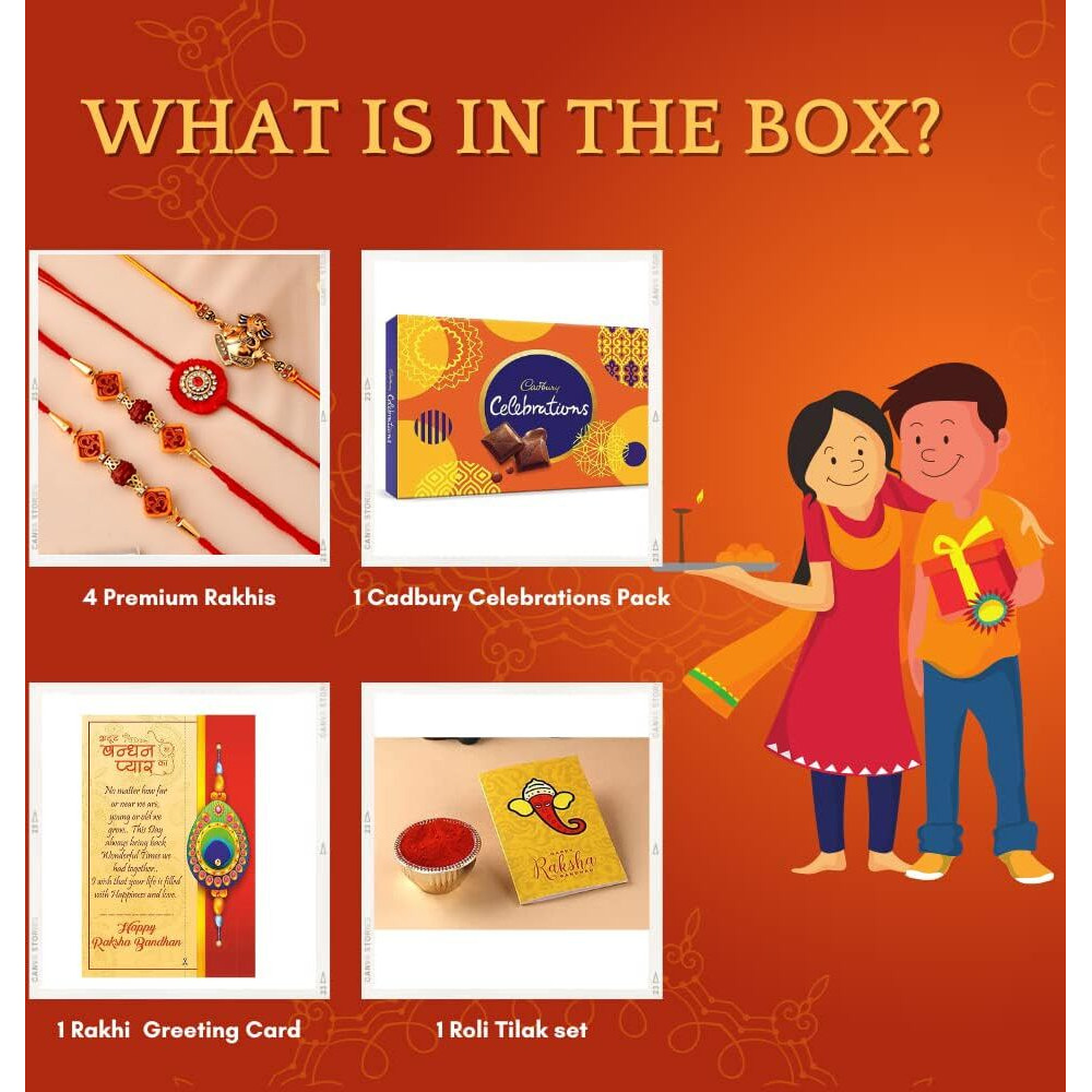 Set of 4 Rakhi Gift for Brother,Rakhi Combo With Chocolate Gift,Rakhi Gifts,CadBury Celebration Pack,Rakhi For Bhaiya Bhabhi Kids