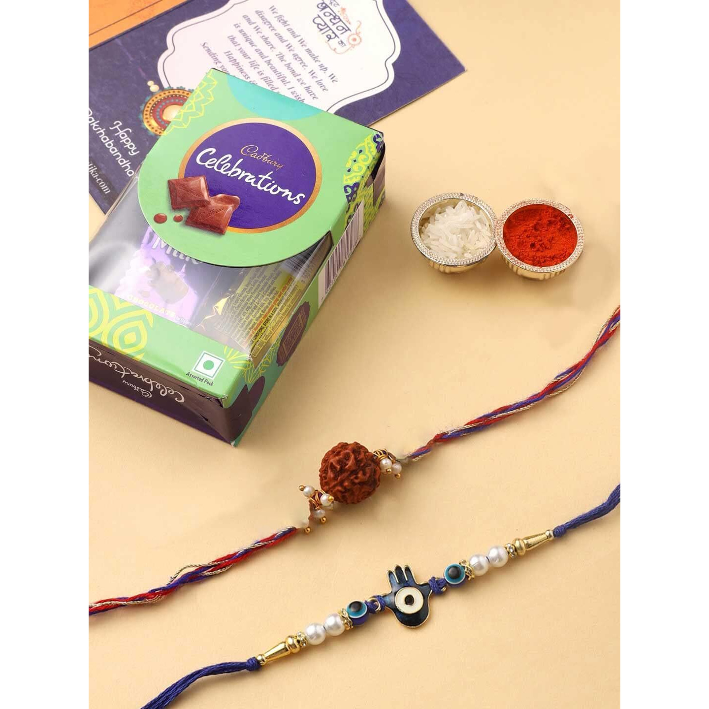 Cadbury Celeration Chocolate Combo with Evil Eye Rudraksh Rakhi Set of 2 for Brother - Boy Men with Chocolate Combo, Blue Beaded Hamsa Hand Evil Eye Bracelet for Protection and Blessing