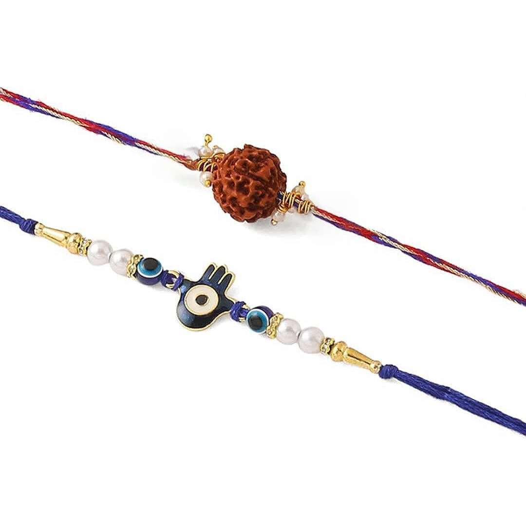 Cadbury Celeration Chocolate Combo with Evil Eye Rudraksh Rakhi Set of 2 for Brother - Boy Men with Chocolate Combo, Blue Beaded Hamsa Hand Evil Eye Bracelet for Protection and Blessing