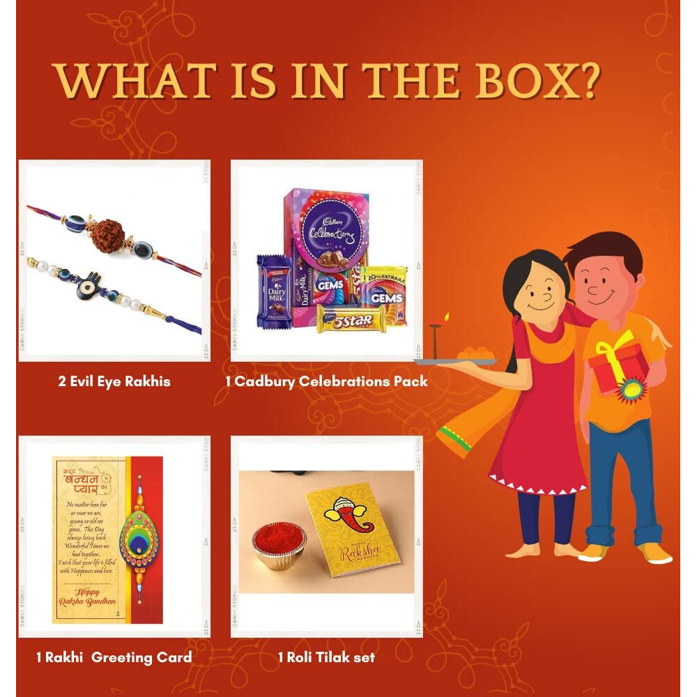 Cadbury Celeration Chocolate Combo with Evil Eye Rudraksh Rakhi Set of 2 for Brother - Boy Men with Chocolate Combo, Blue Beaded Hamsa Hand Evil Eye Bracelet for Protection and Blessing