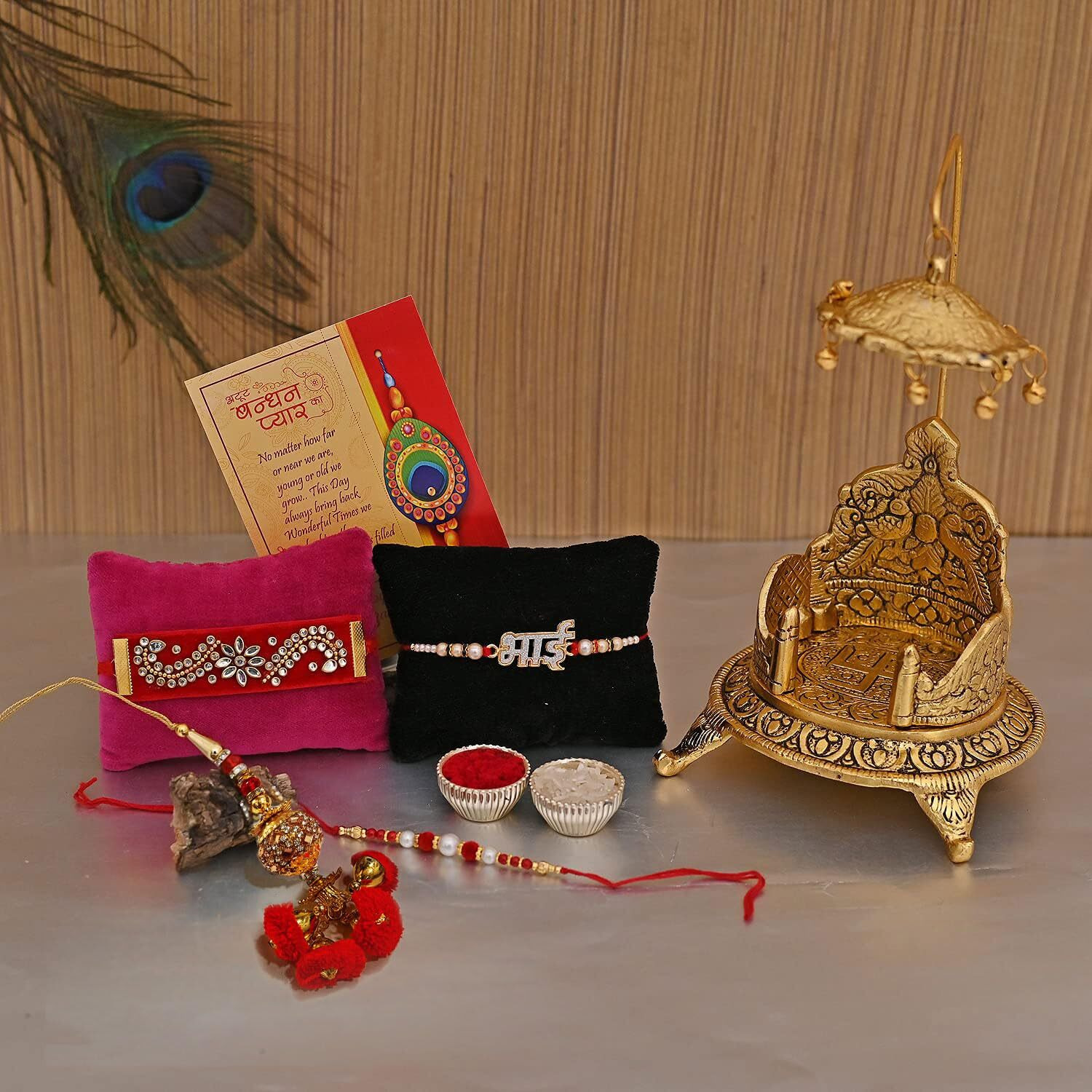 Rakhi Gift For Brother Combo - Rakhi Gift For Brother And Bhabhi With Gift - Rakshabandha Gifts for Sister Bhabhi - Metal Singhasan For God Idols/Bhai Rakhi /Lumba Rakhi /Greeting Card